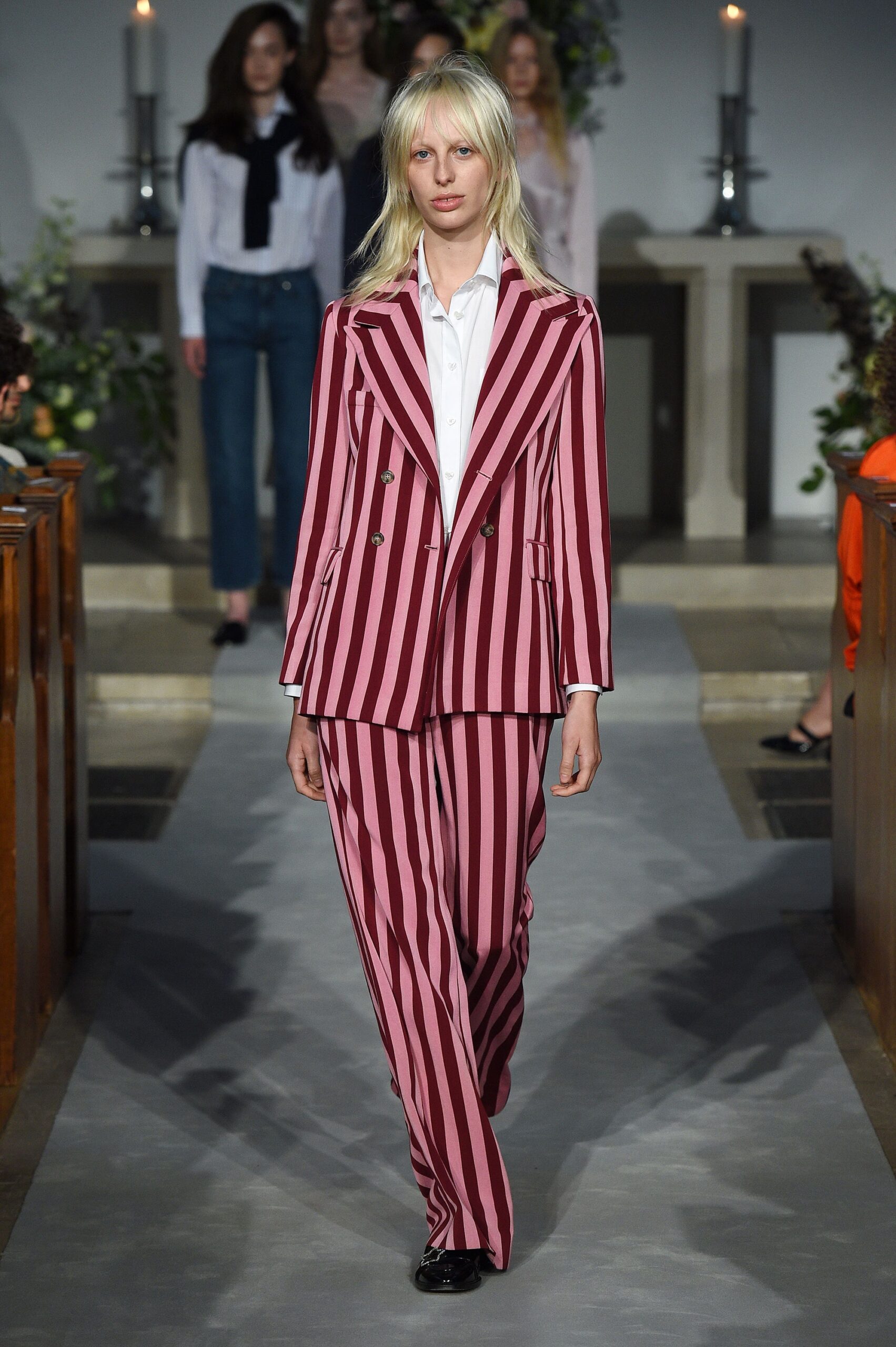pink and white striped suit