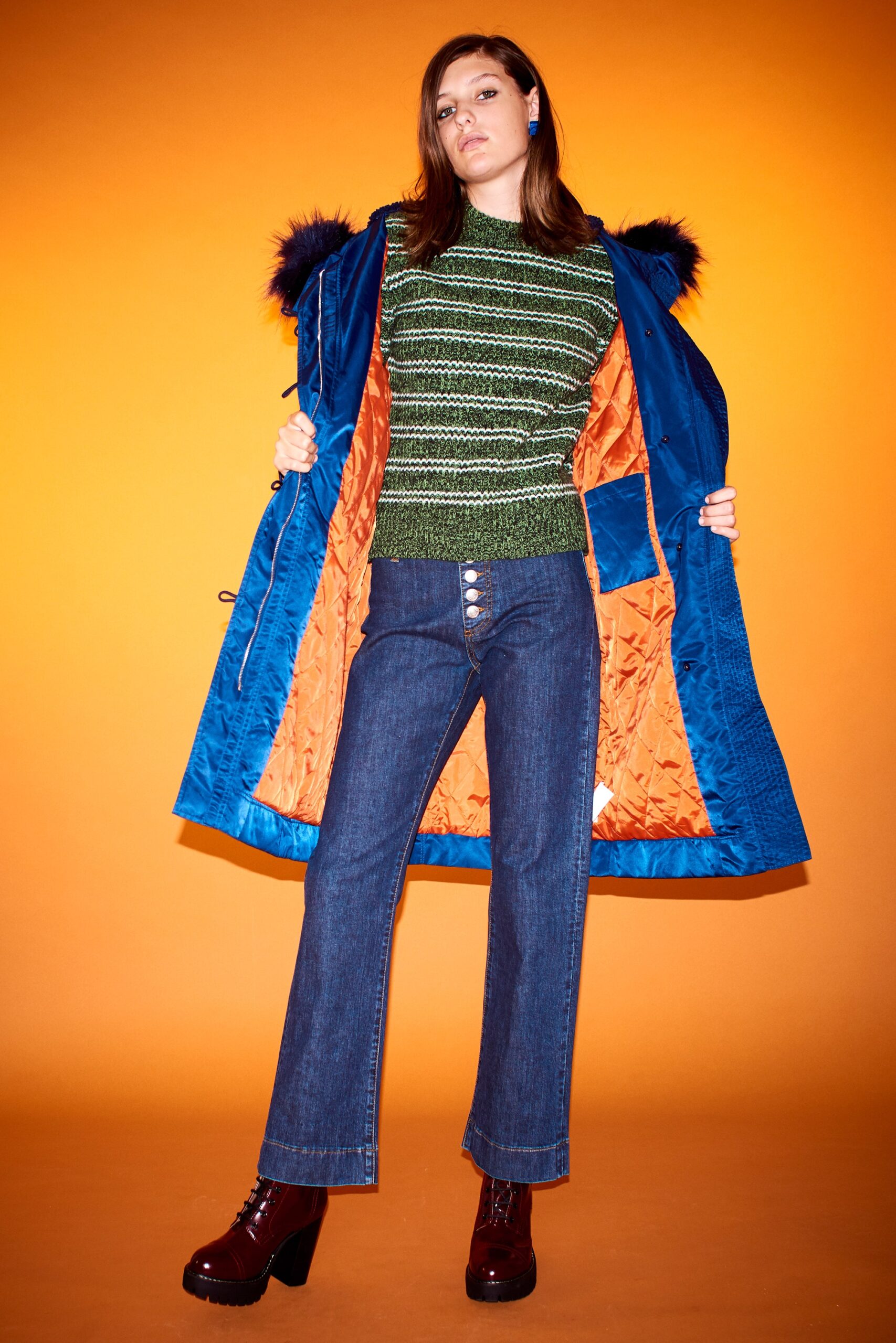 blue vinyl long-sleeve collared relaxed zippered coat