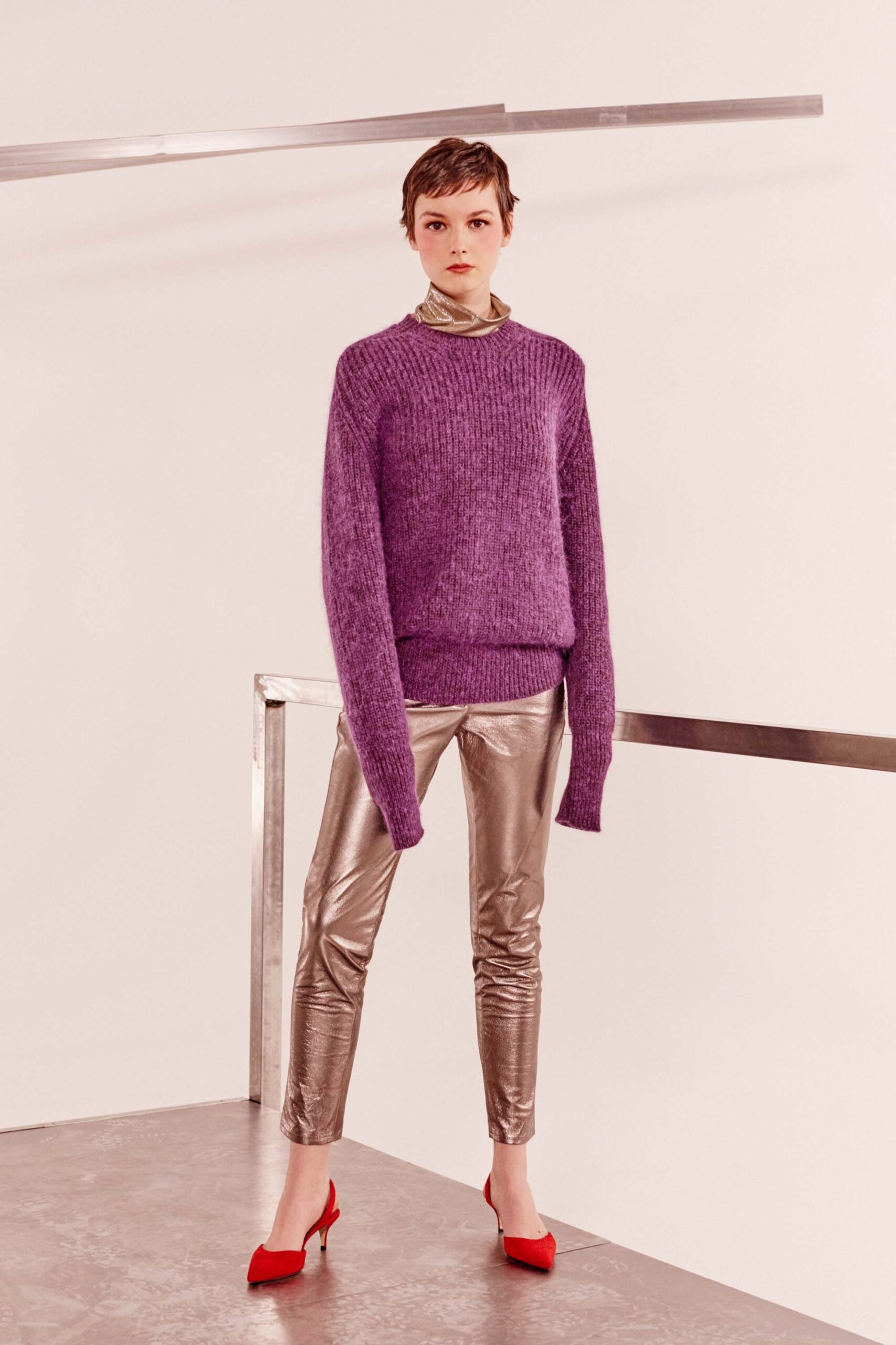 purple wool long-sleeve collared oversized sweater