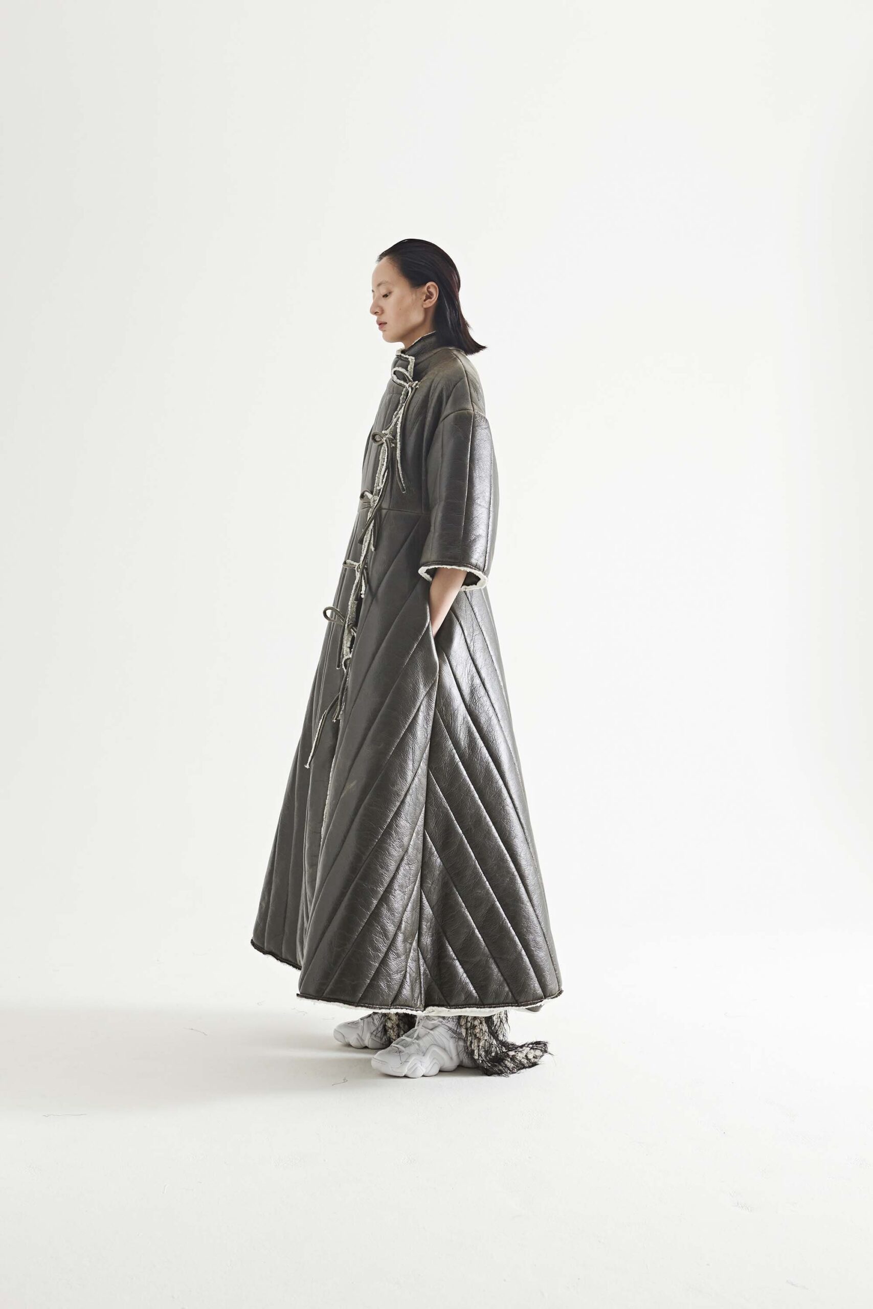 gray leather quilted coat