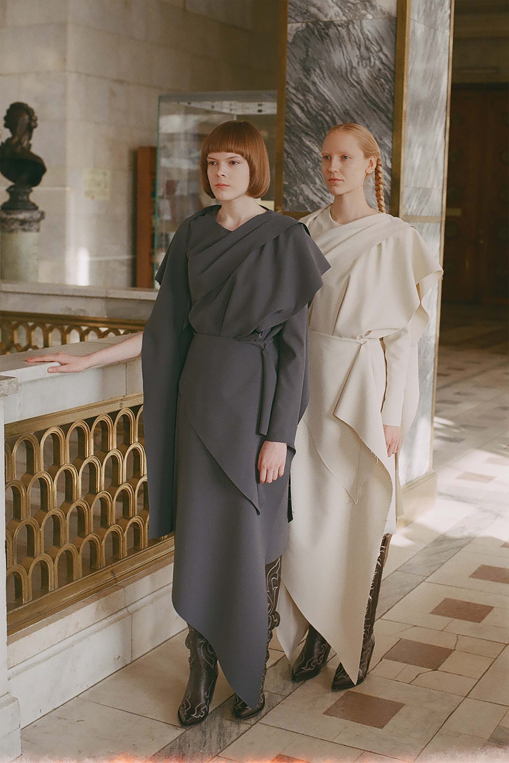 gray and white asymmetric dresses