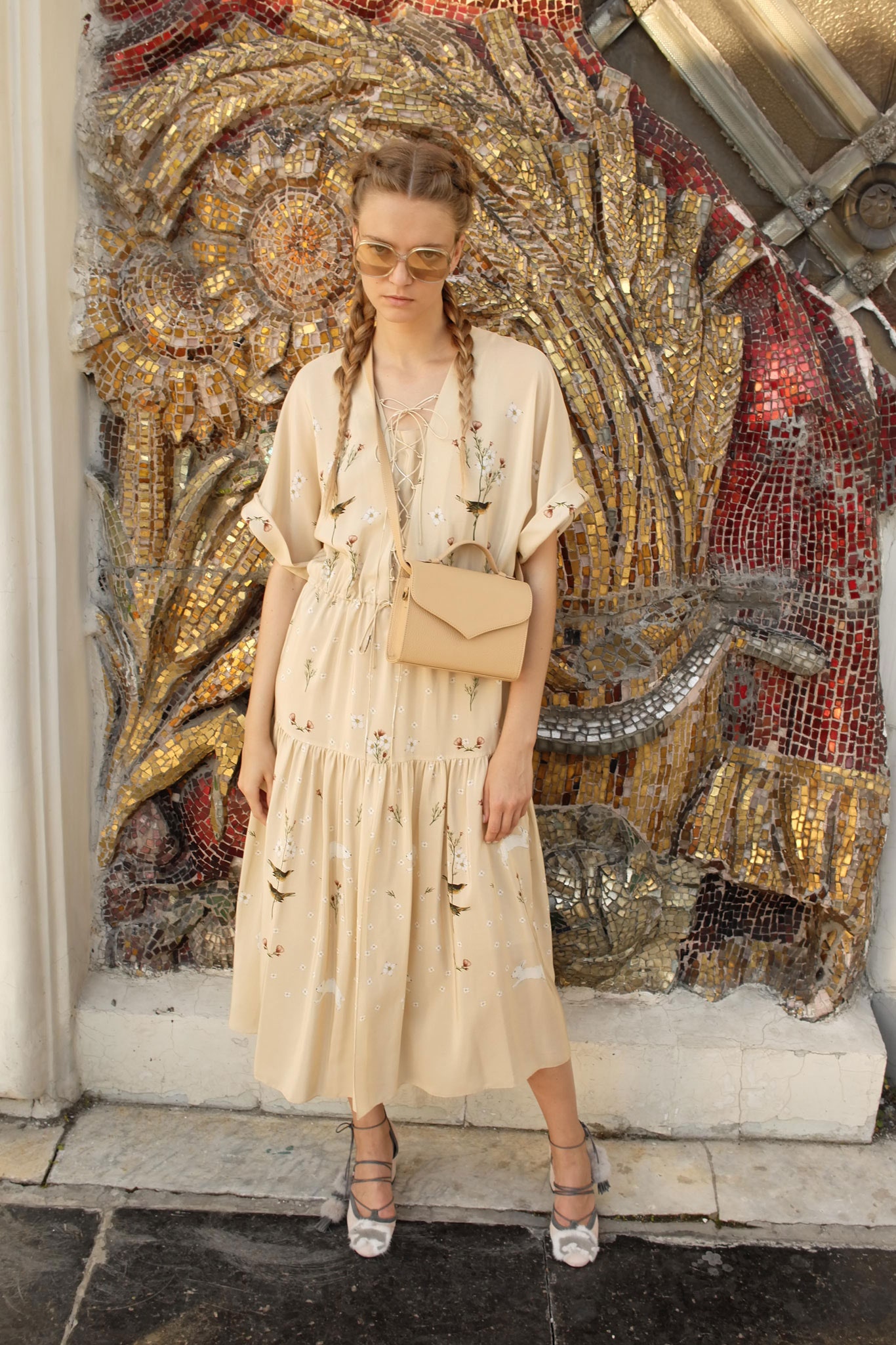 beige cotton short-sleeve v-neck relaxed tiered embroidered dress