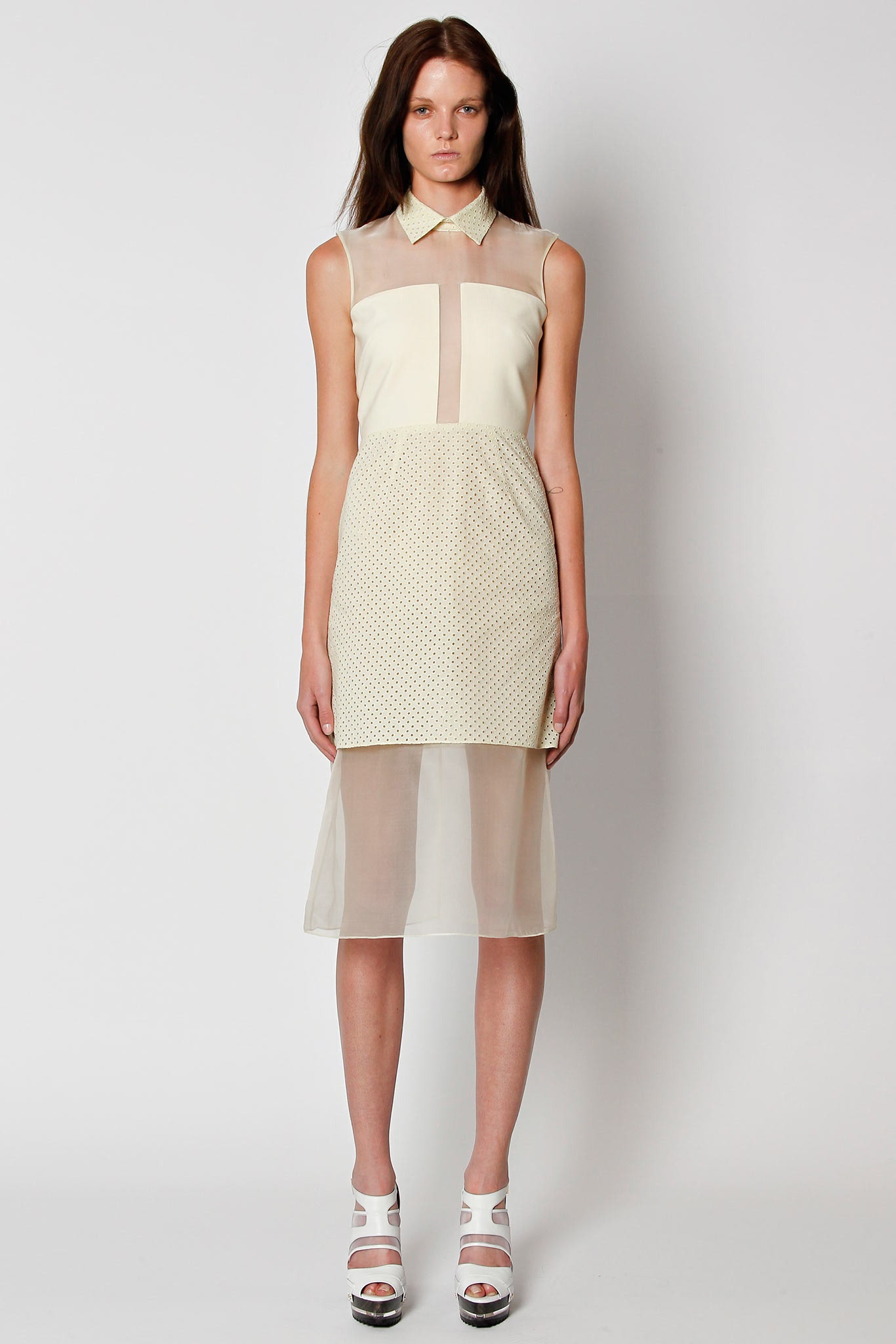 beige white sleeveless midi dress
