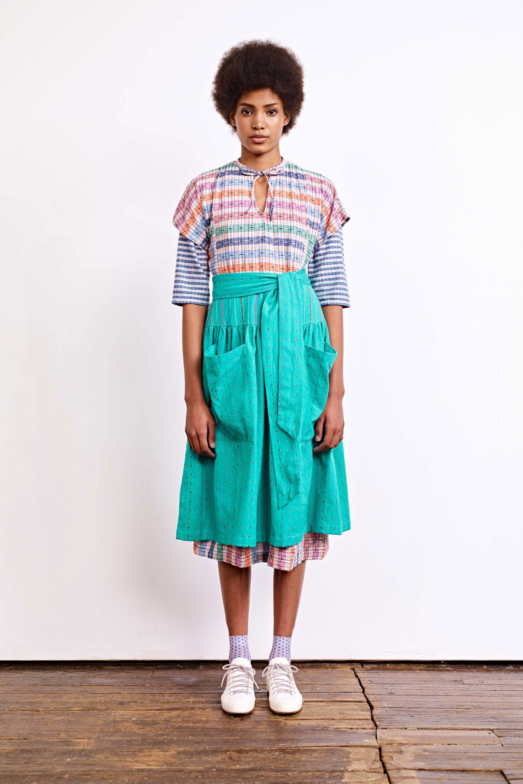 multi cotton sleeveless collared relaxed layered pleated dress