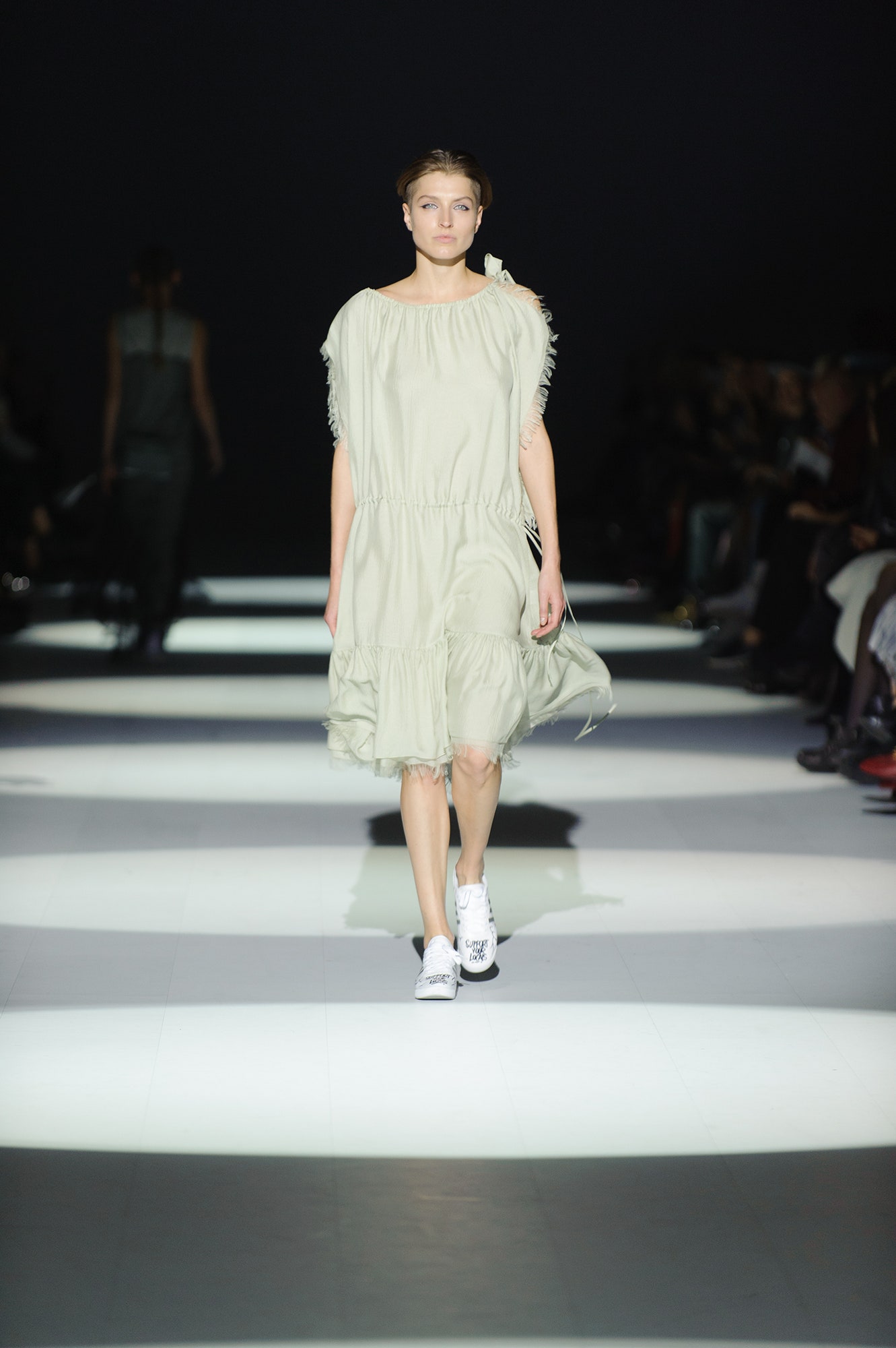 green cotton sleeveless collared relaxed ruffled tiered dress