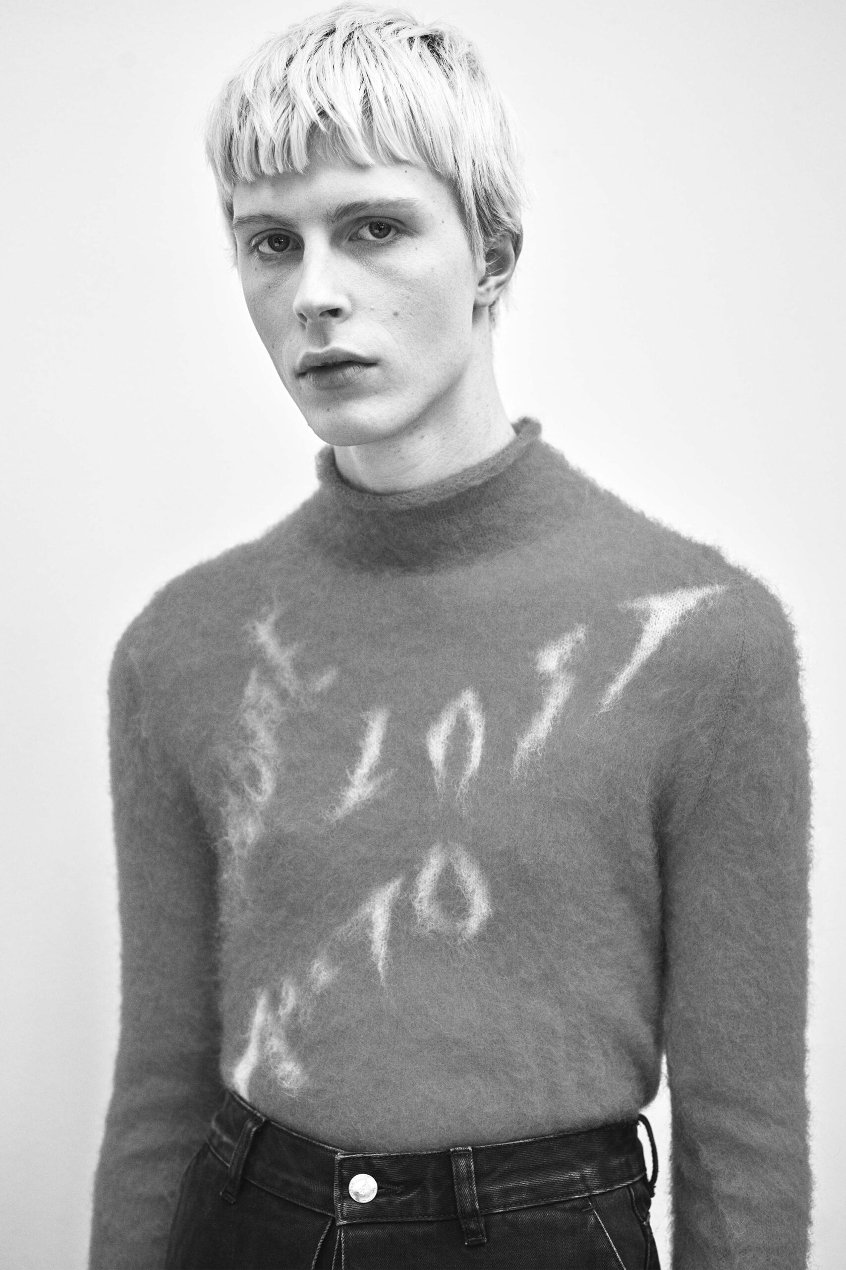 gray wool long-sleeve high-neck fitted textured sweater