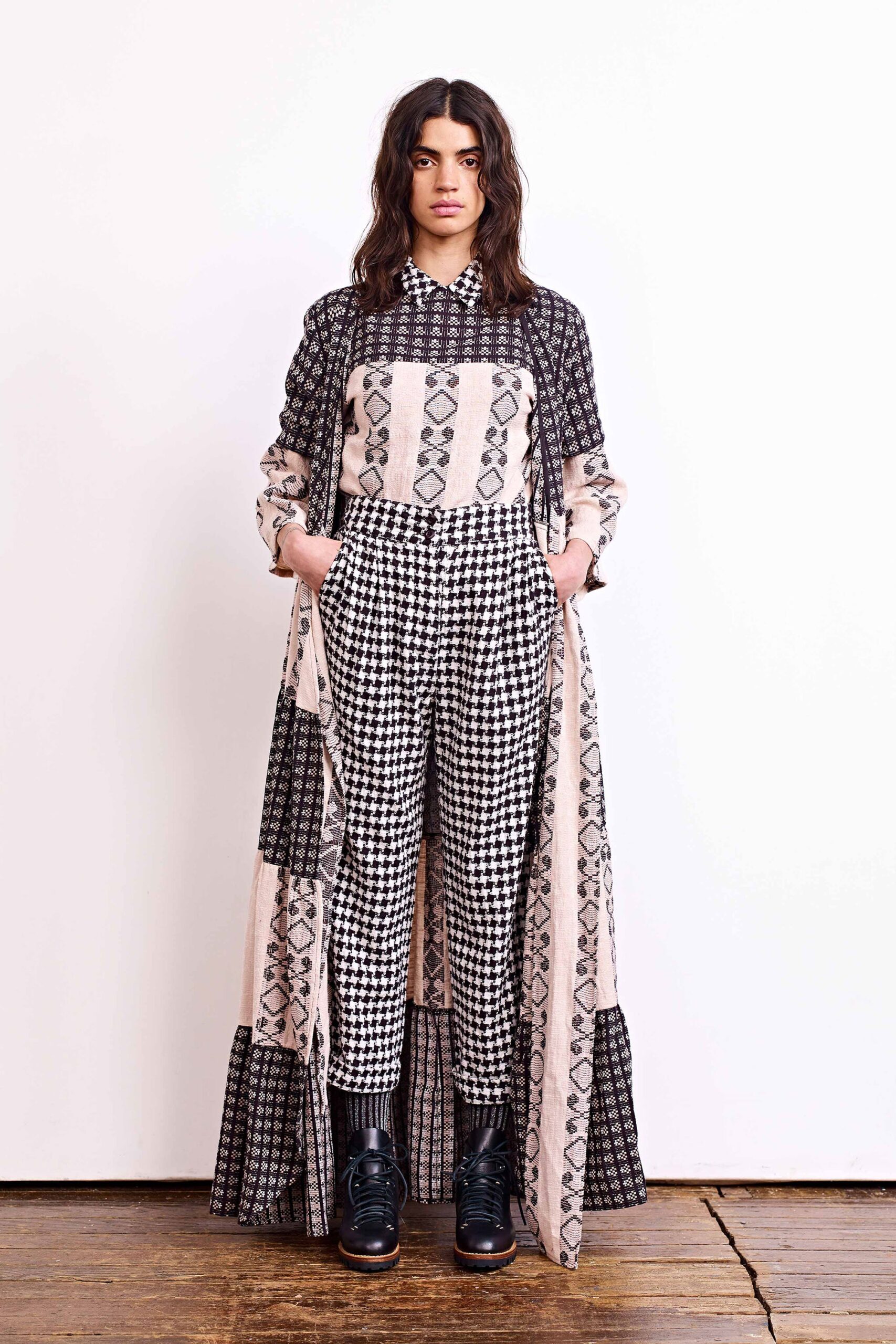 layered printed maxi dress with checked pants