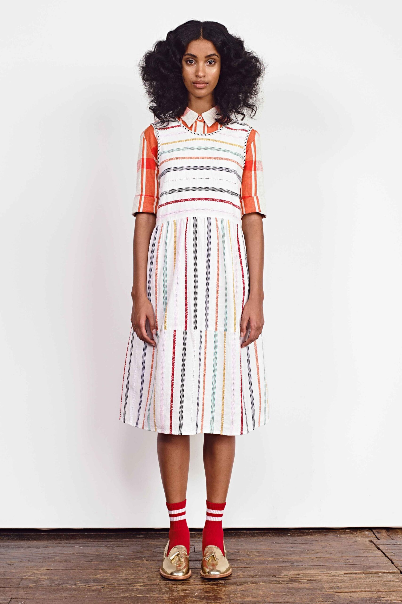 orange cotton short-sleeve collared fitted checked shirt