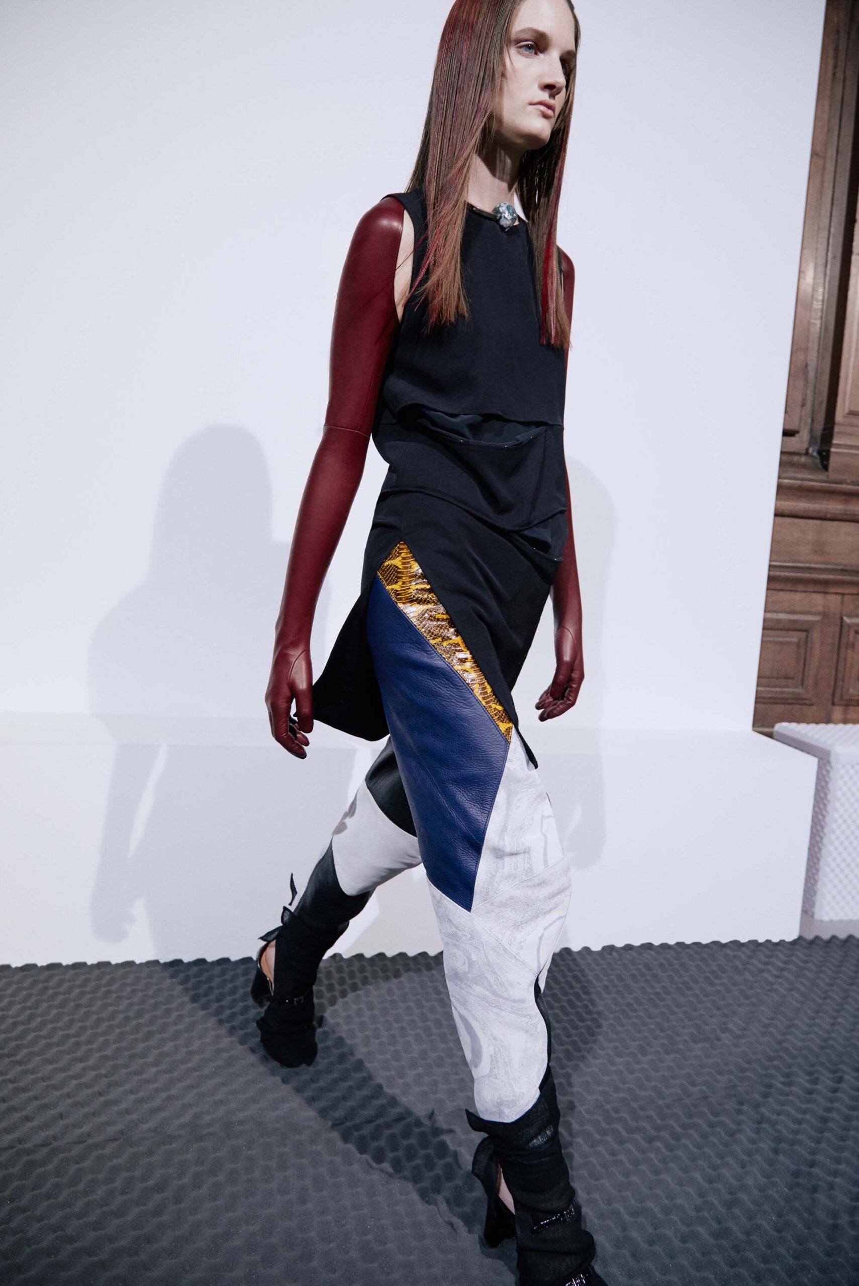 white denim relaxed color-blocked zippered pants