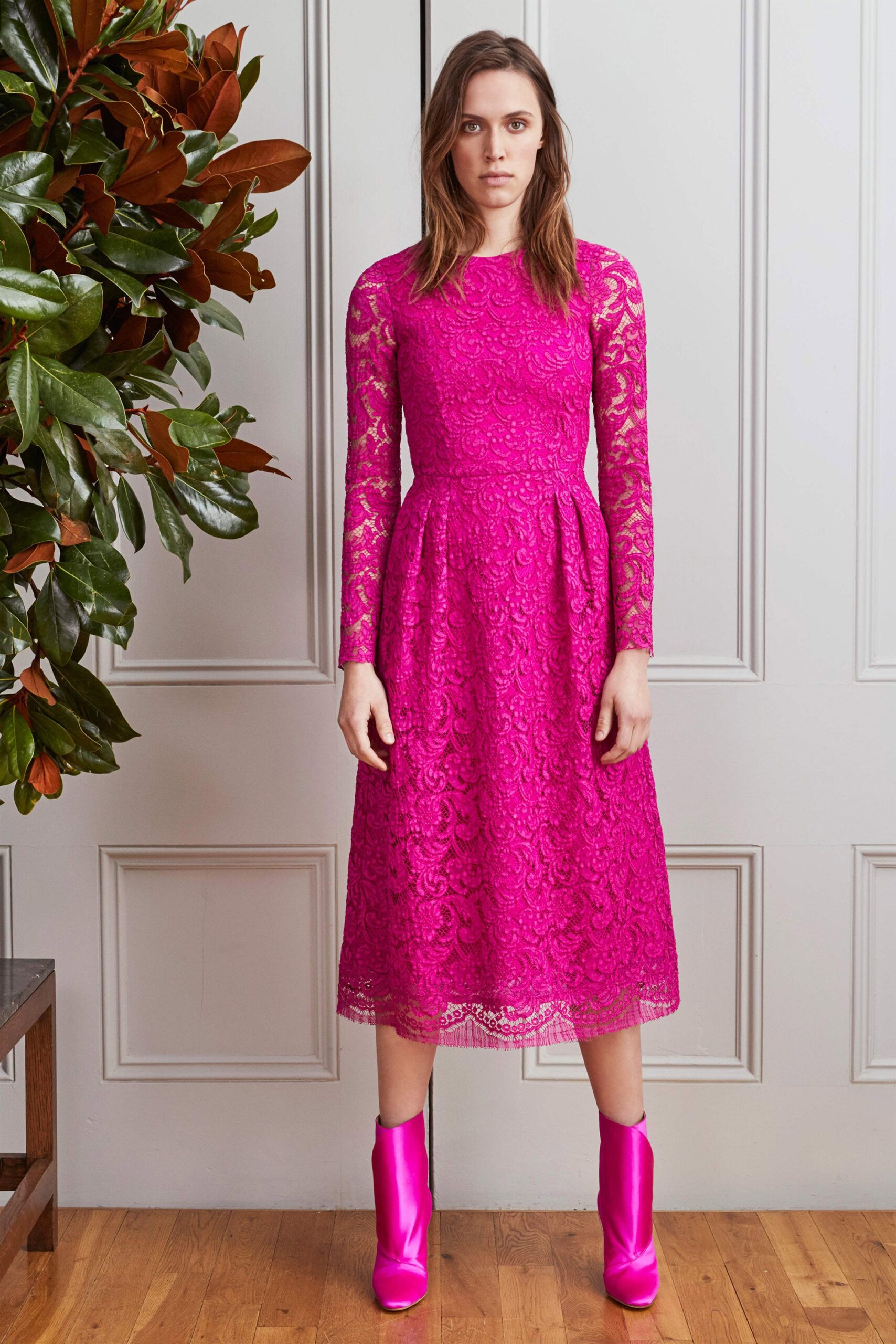 pink lace long-sleeve collared fitted pleated midi dress