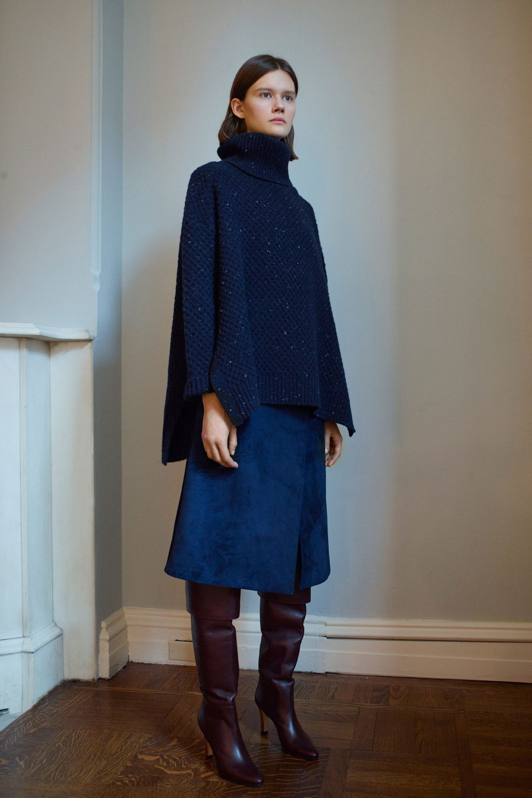 blue wool long-sleeve turtleneck oversized textured poncho