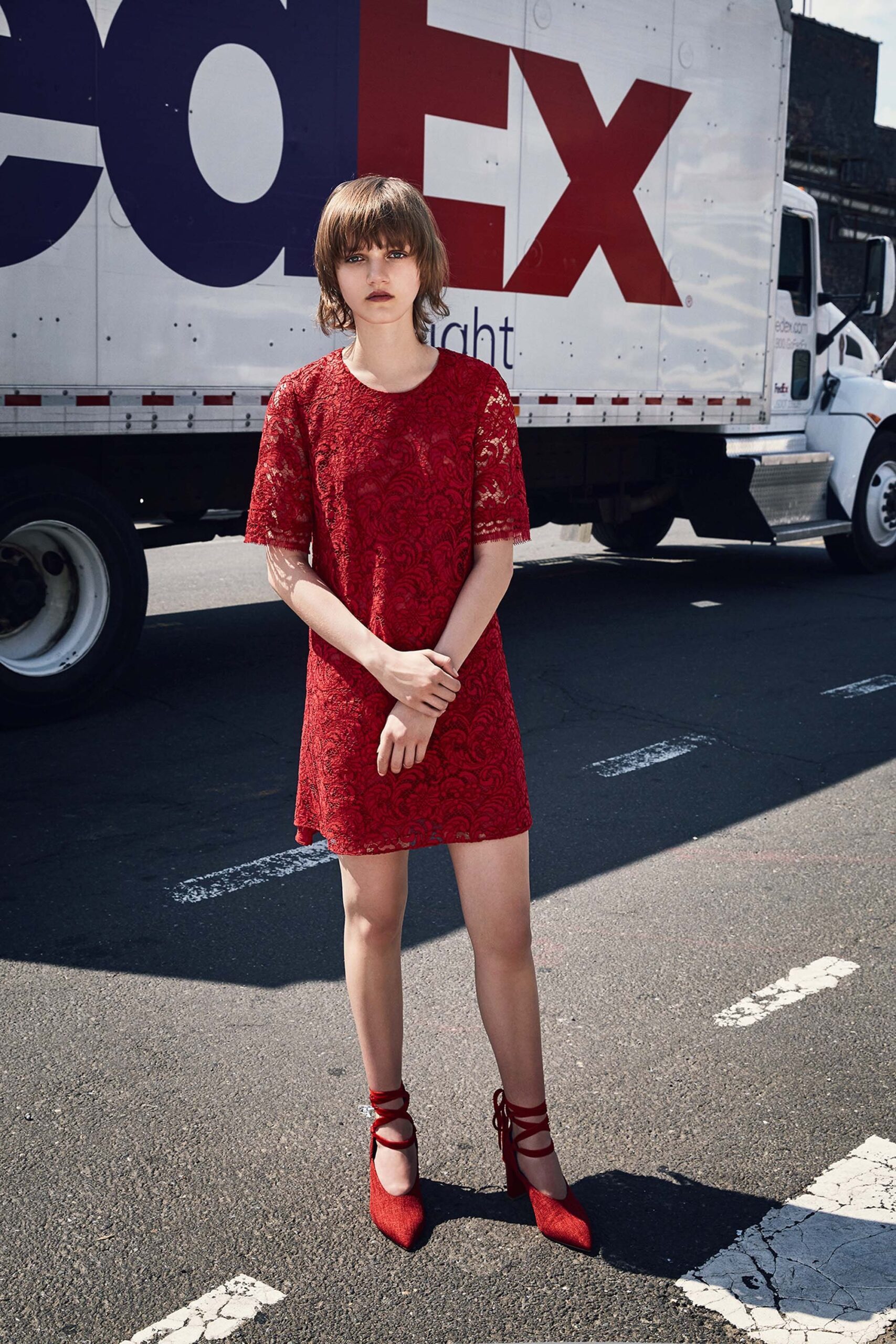 red lace short dress with heels