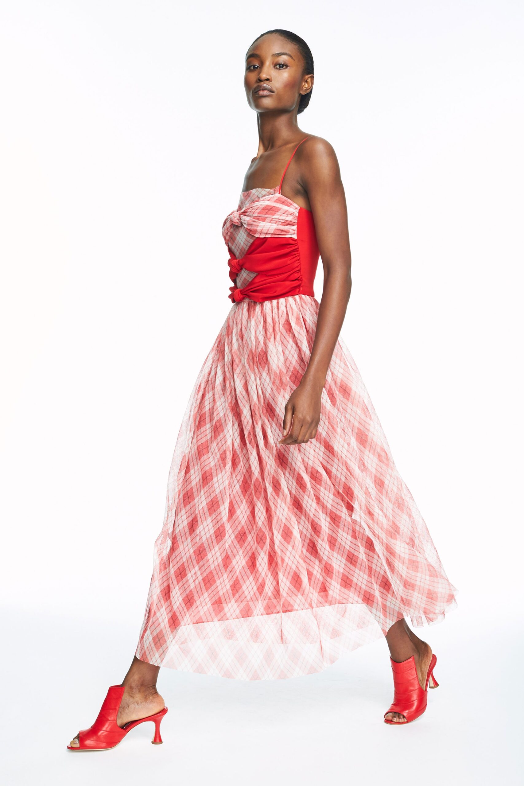 red chiffon sleeveless v-neck fitted pleated layered dress