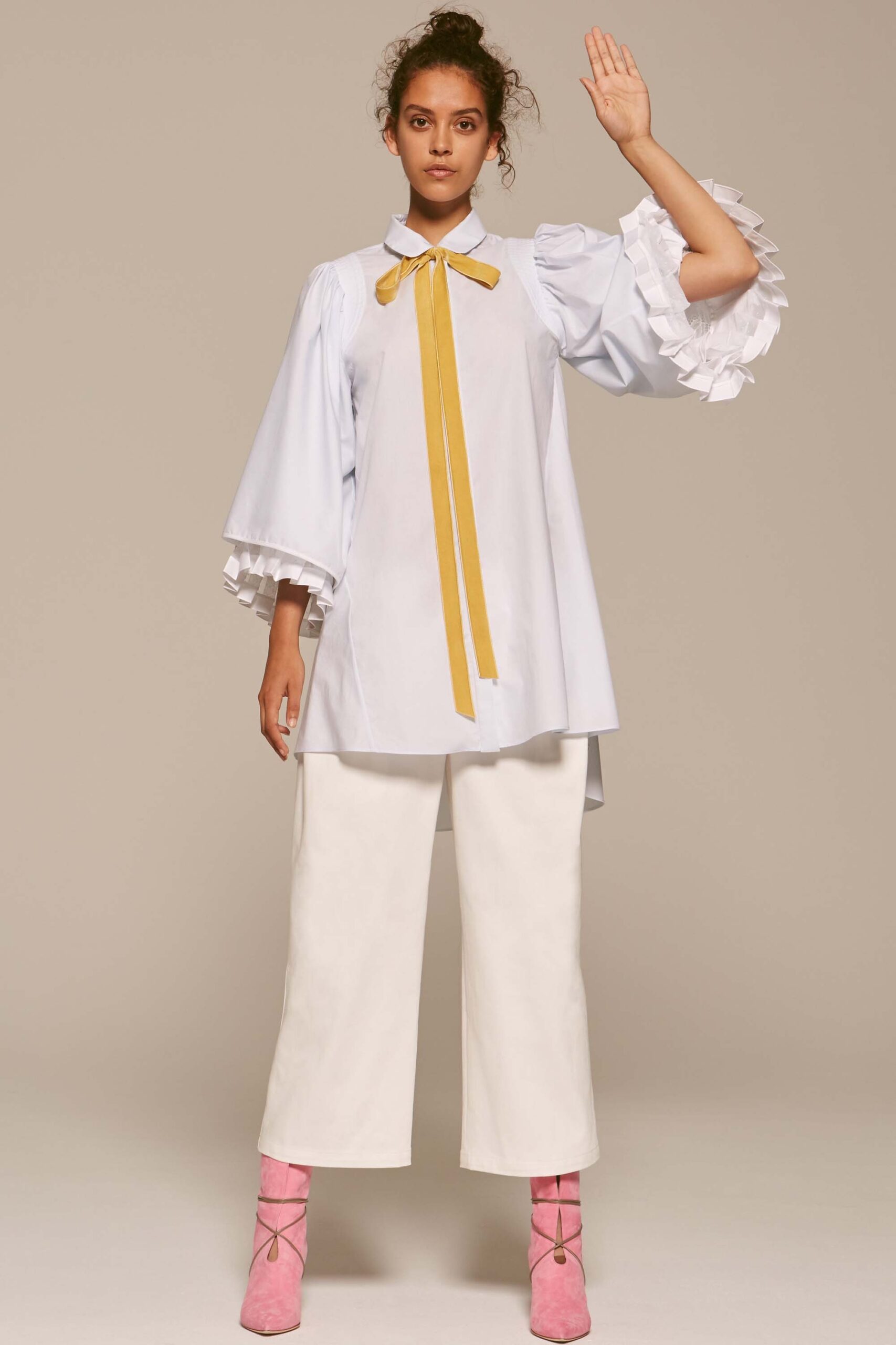 blue cotton long-sleeve collared relaxed ruffled blouse