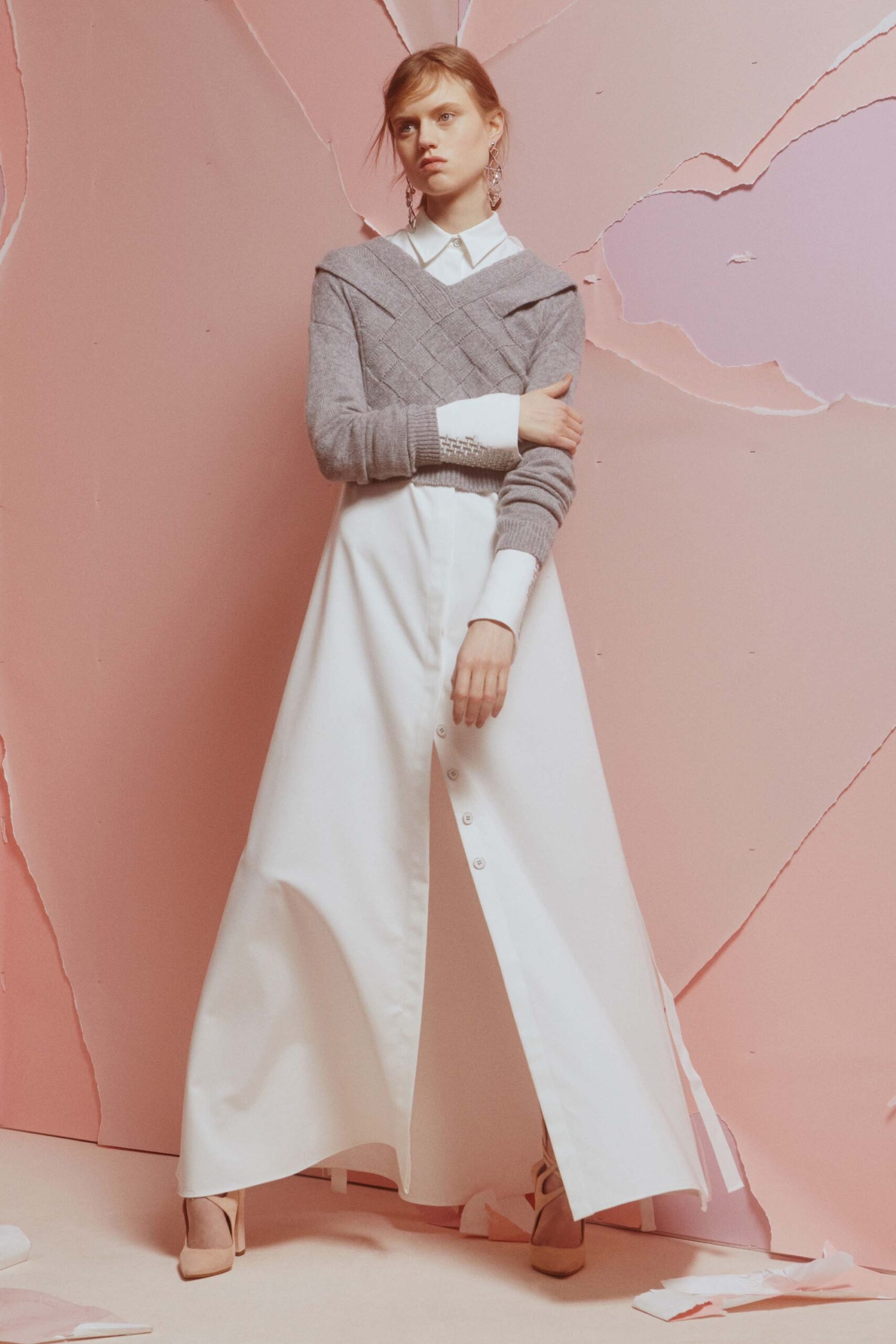 white cotton long-sleeve collared fitted buttoned a-line dress