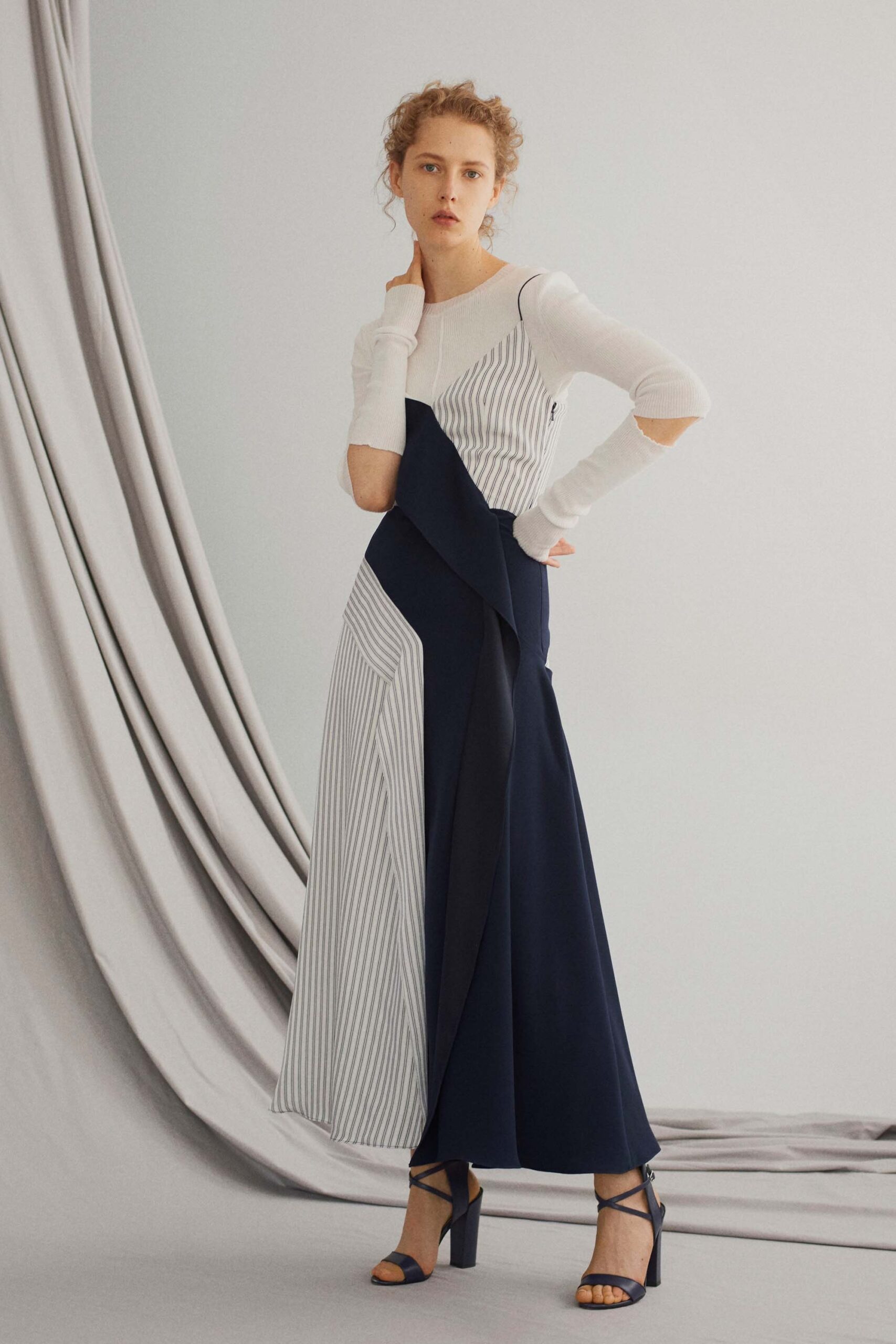white and blue color-blocked dress