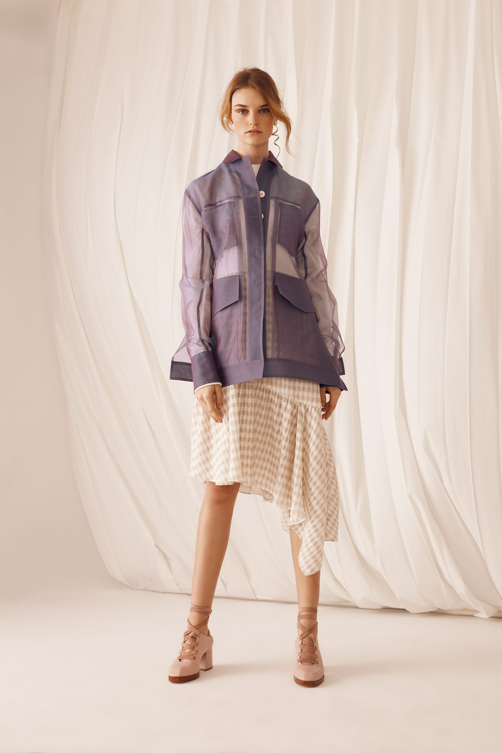 purple cotton long-sleeve collared relaxed buttoned layered jacket