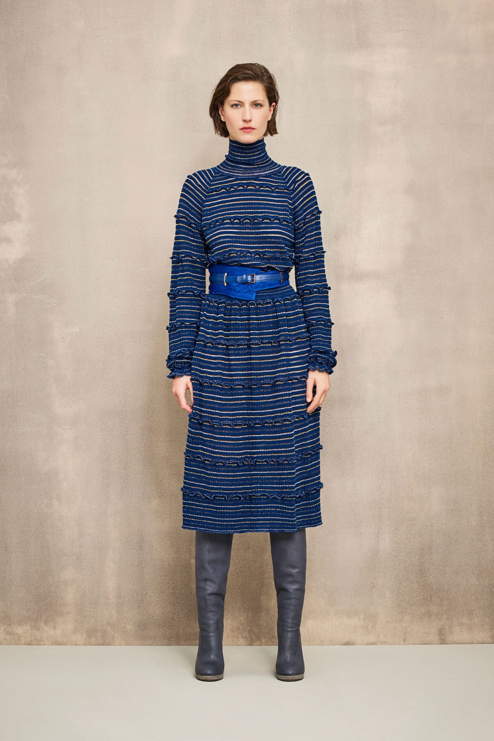blue striped midi dress with belt