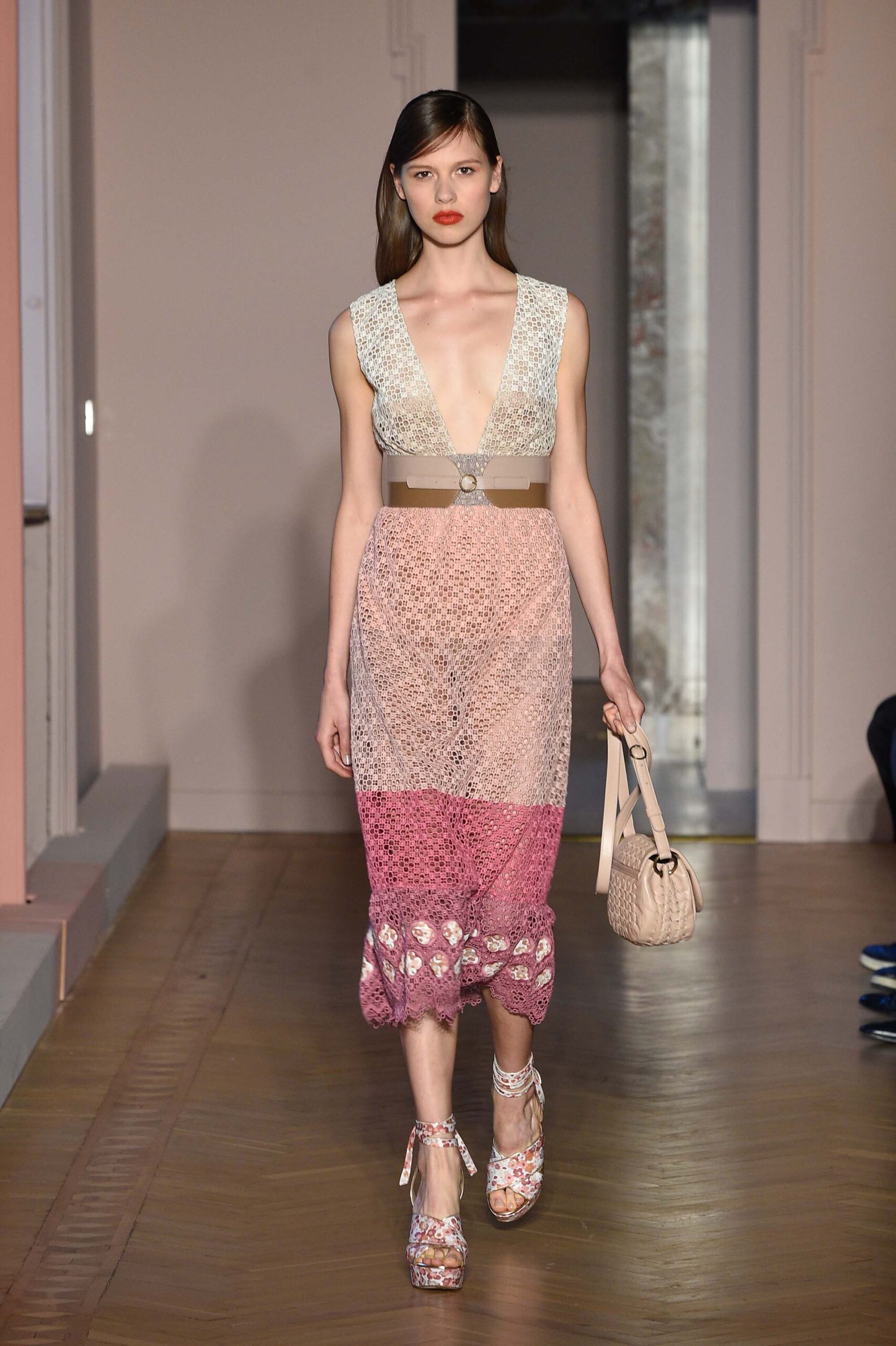 pink and white lace midi dress
