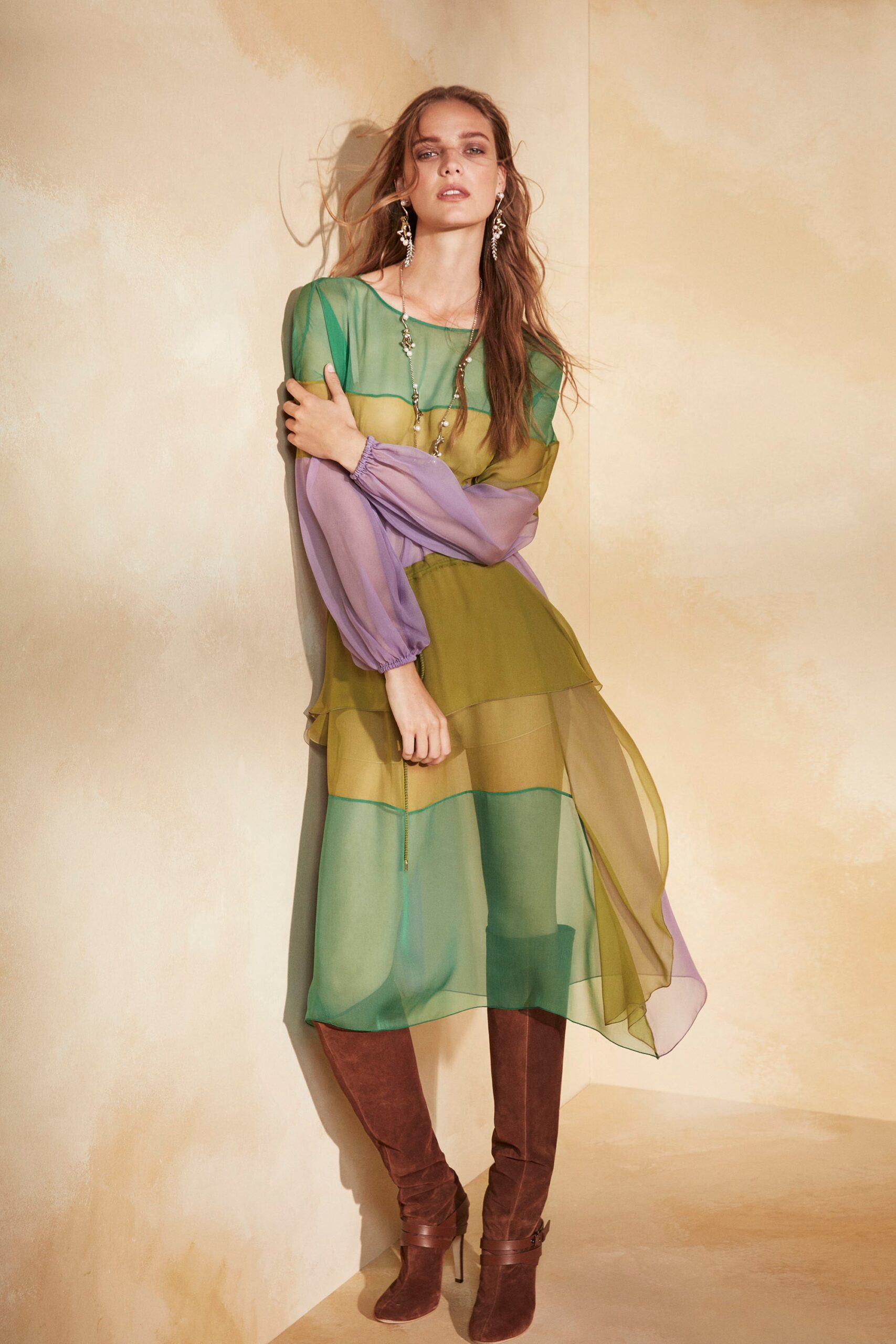 green chiffon long-sleeve scoop-neck relaxed layered flowing dress