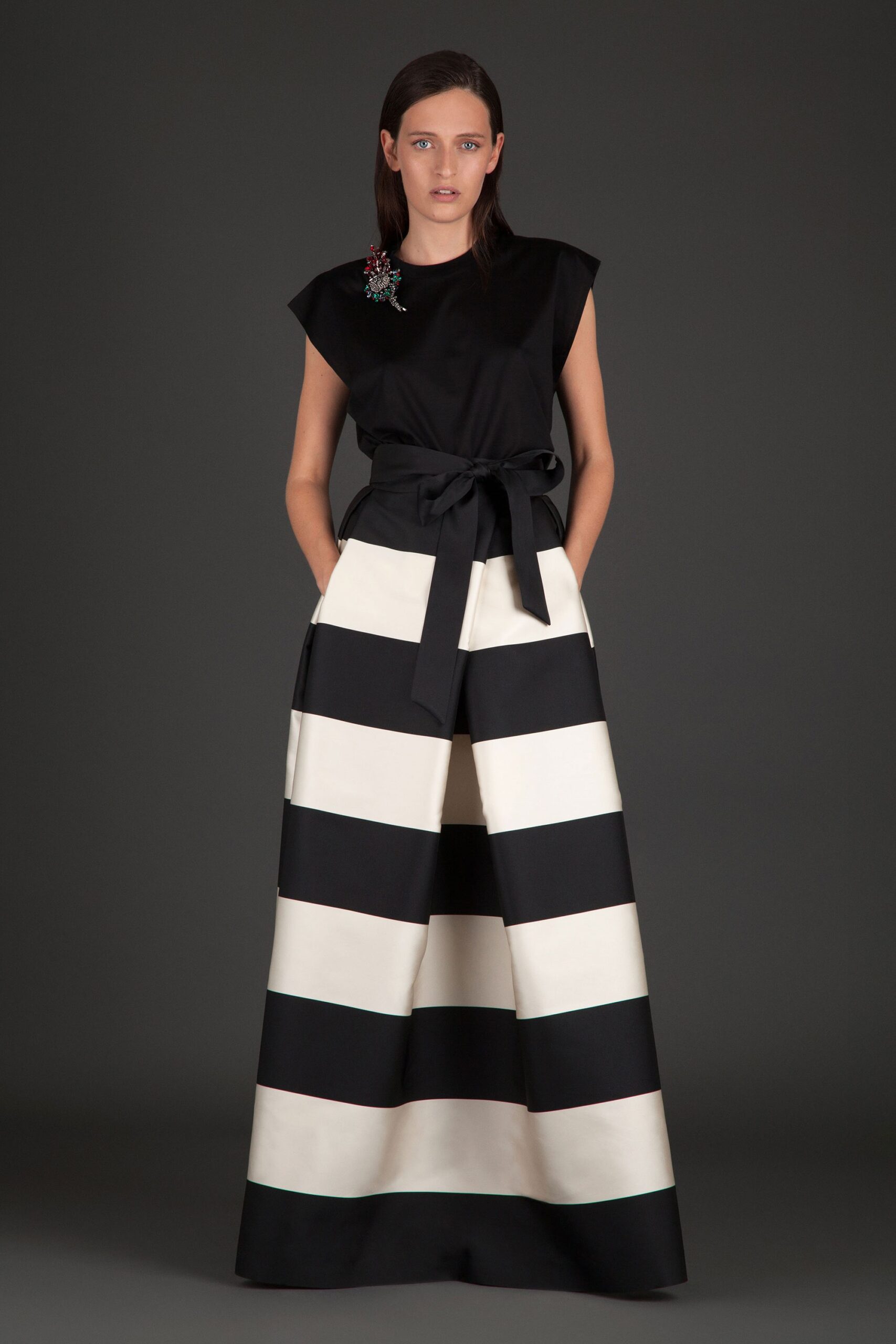 black top with striped pants