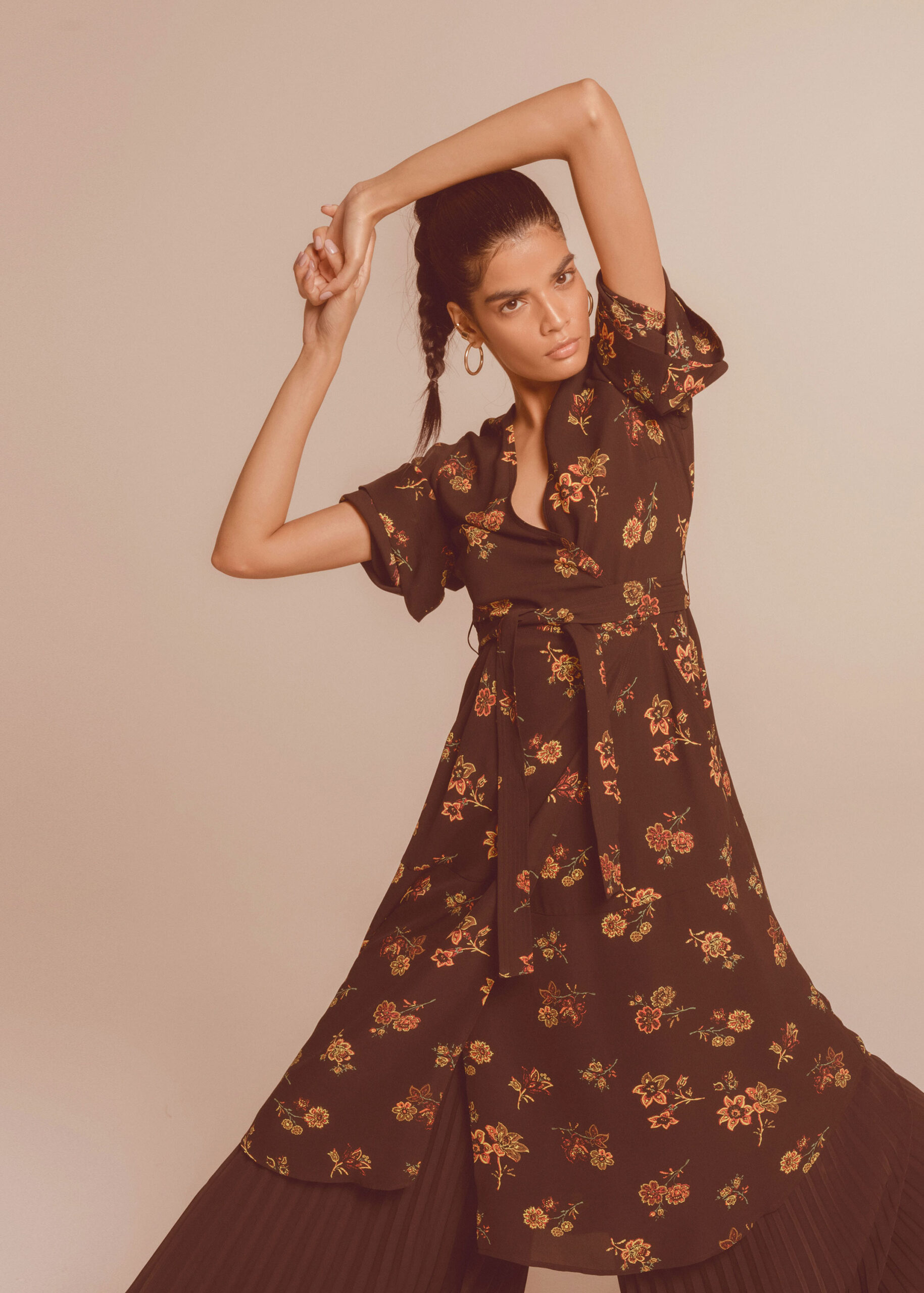 brown floral belted midi dress