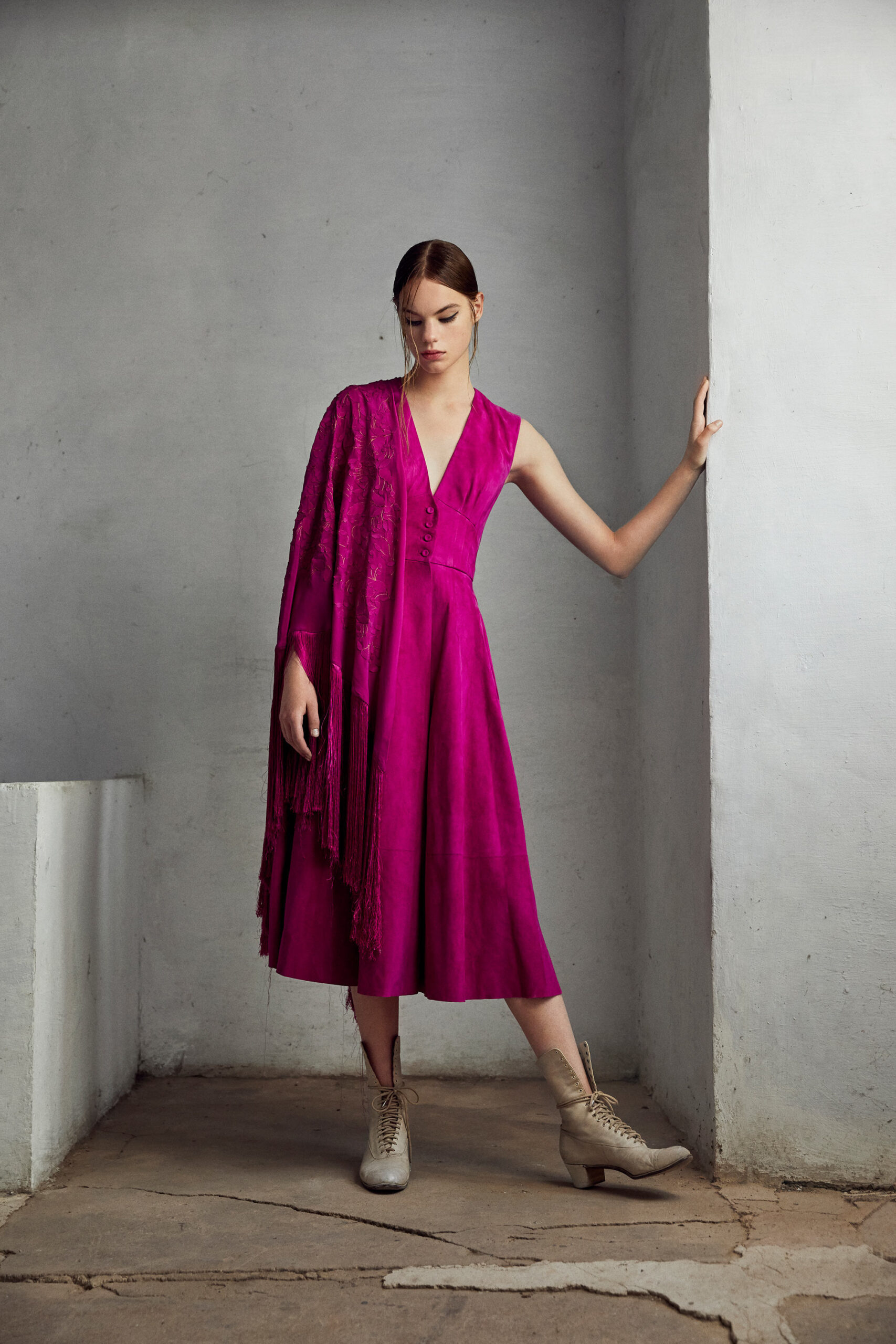 pink silk midi dress with scarf