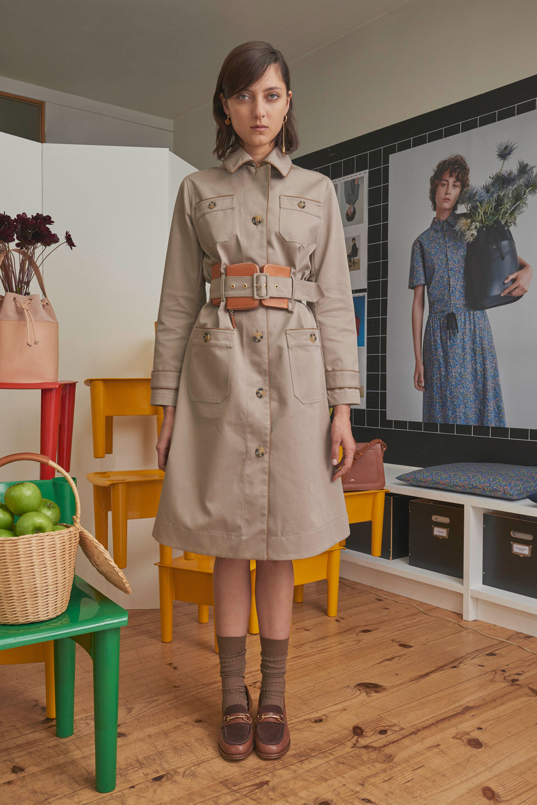 beige cotton belted midi dress