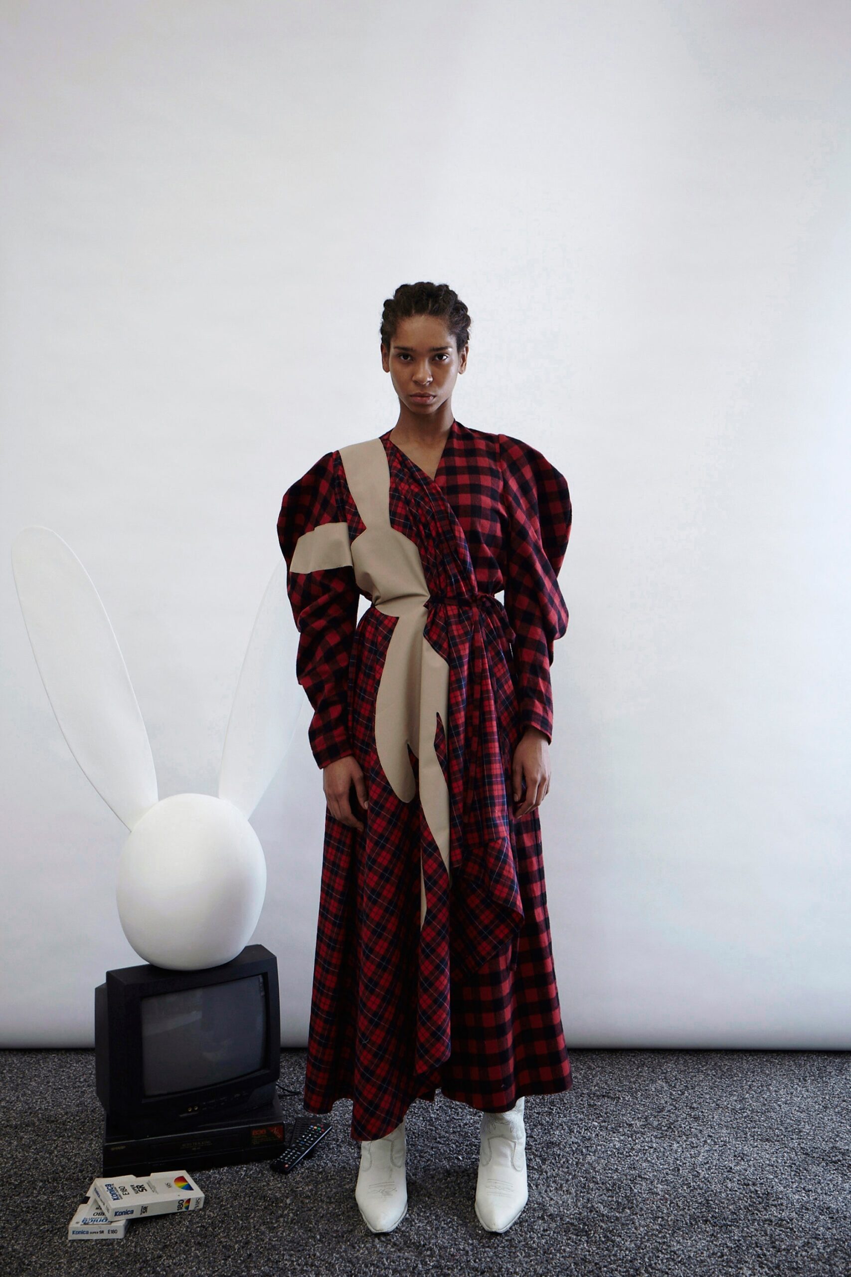 red and beige belted maxi dress