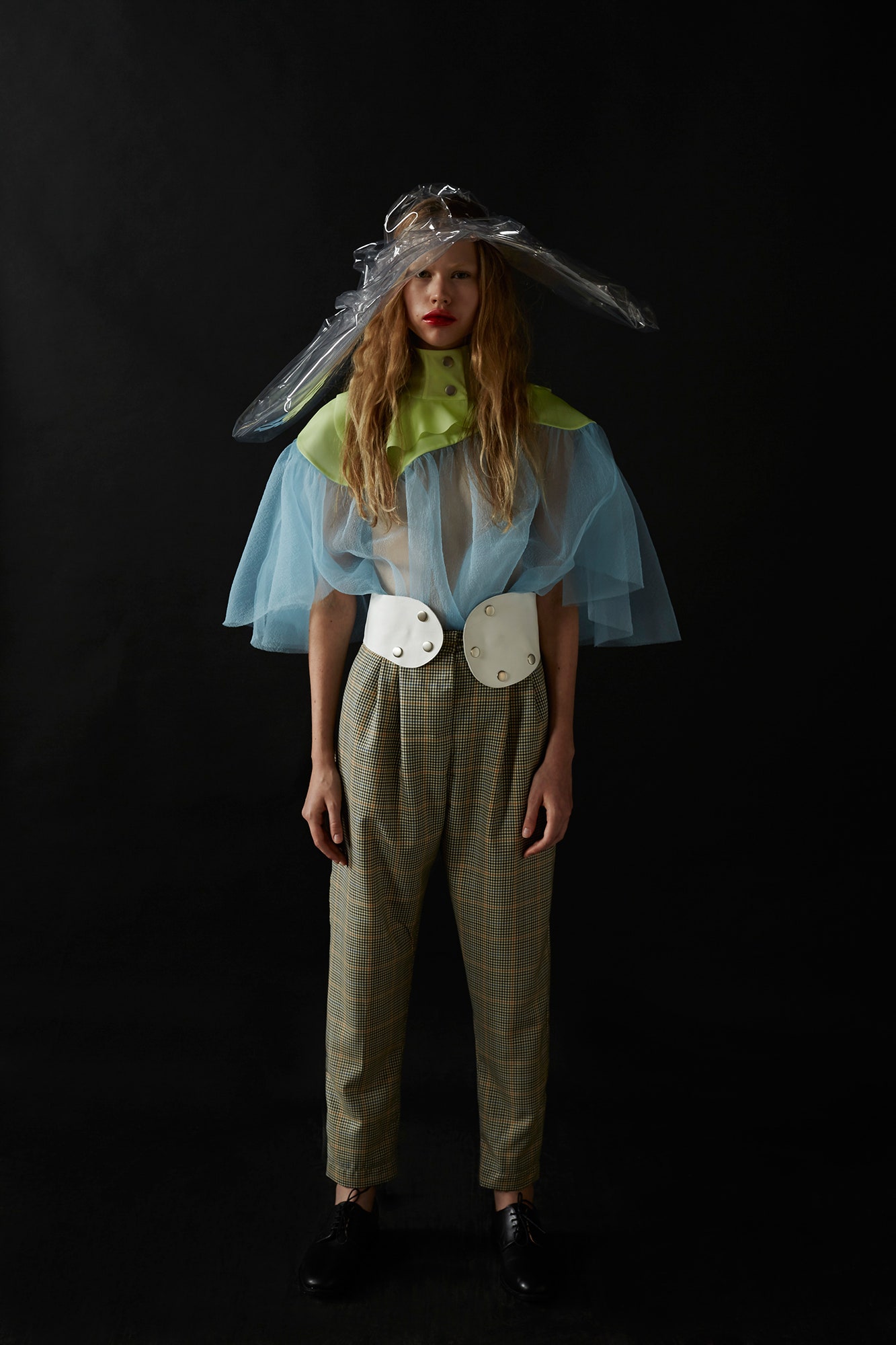 blue tulle layered top with checked pants