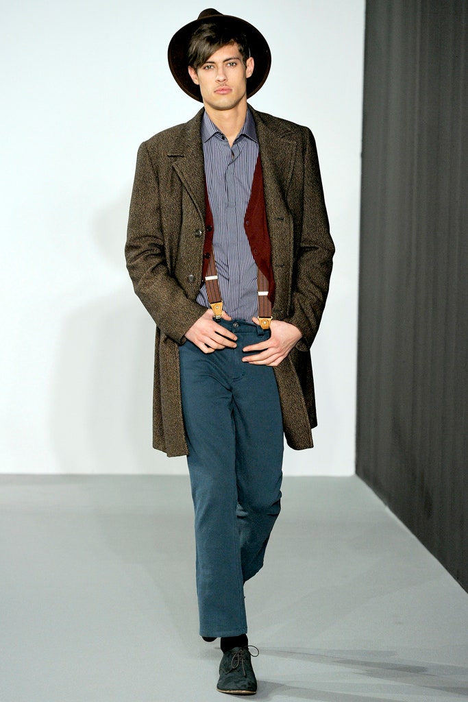 brown wool coat with blue shirt