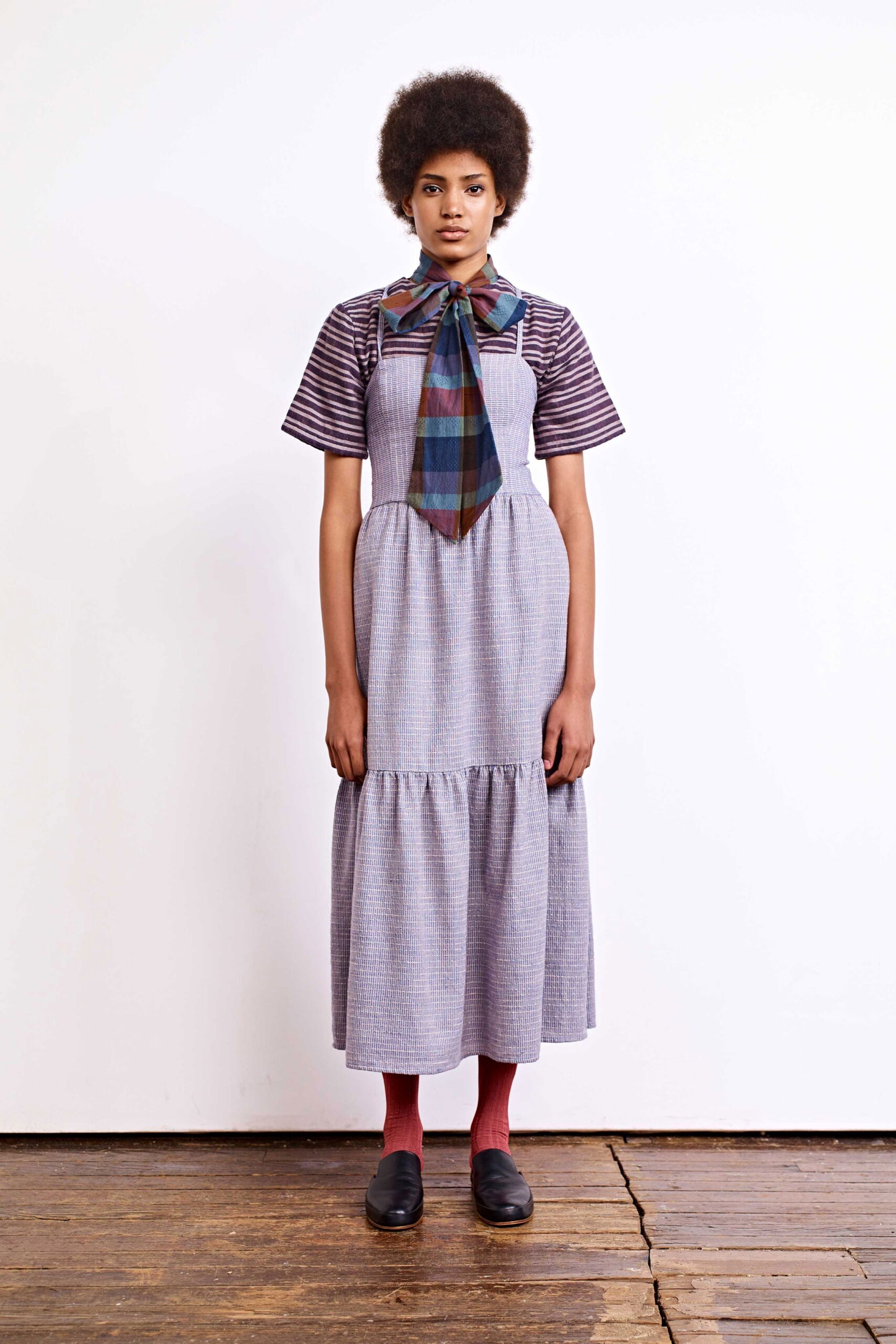 gray and blue tiered midi dress with scarf