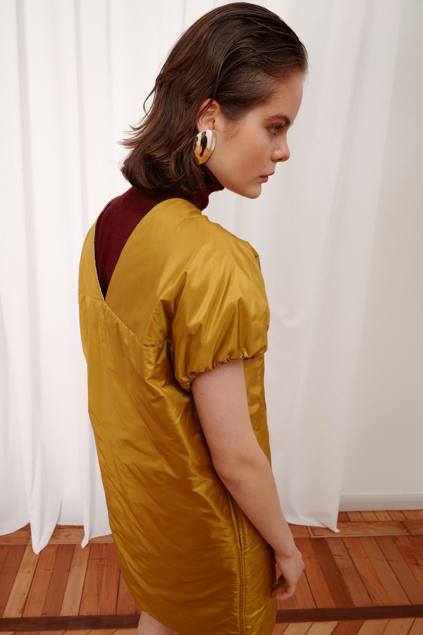 yellow silk sleeveless v-neck relaxed padded layered dress