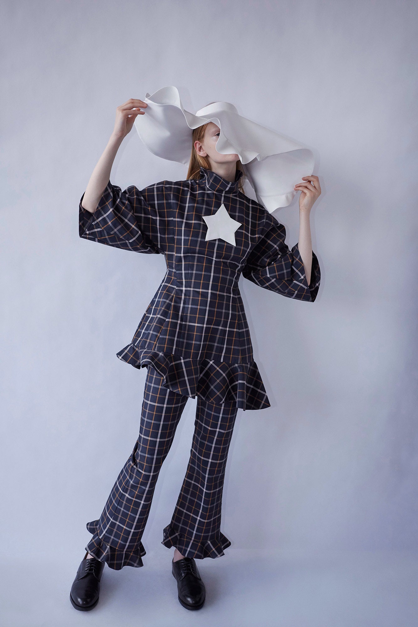 blue fitted flared checked pants