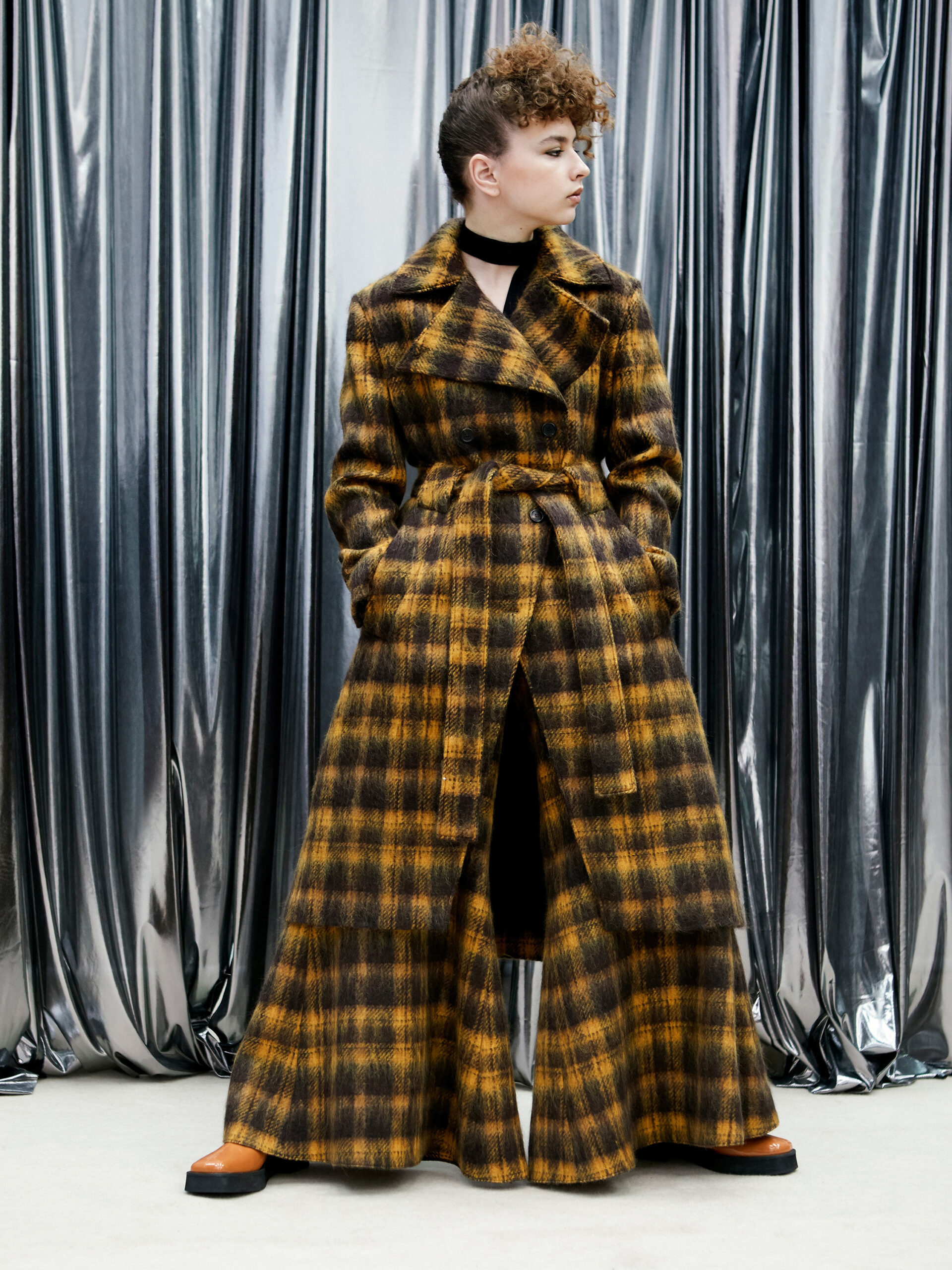 checked wool belted coat