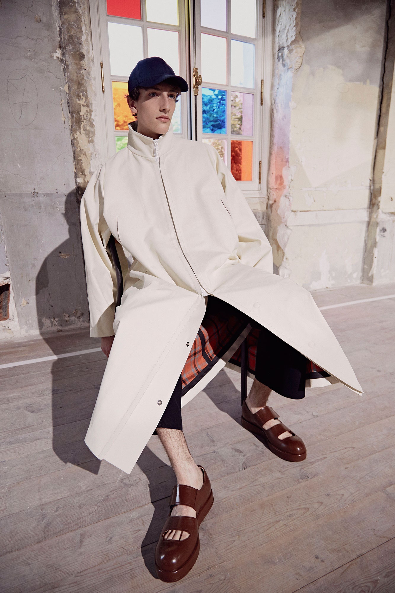 white cotton long-sleeve collared relaxed zippered maxi coat