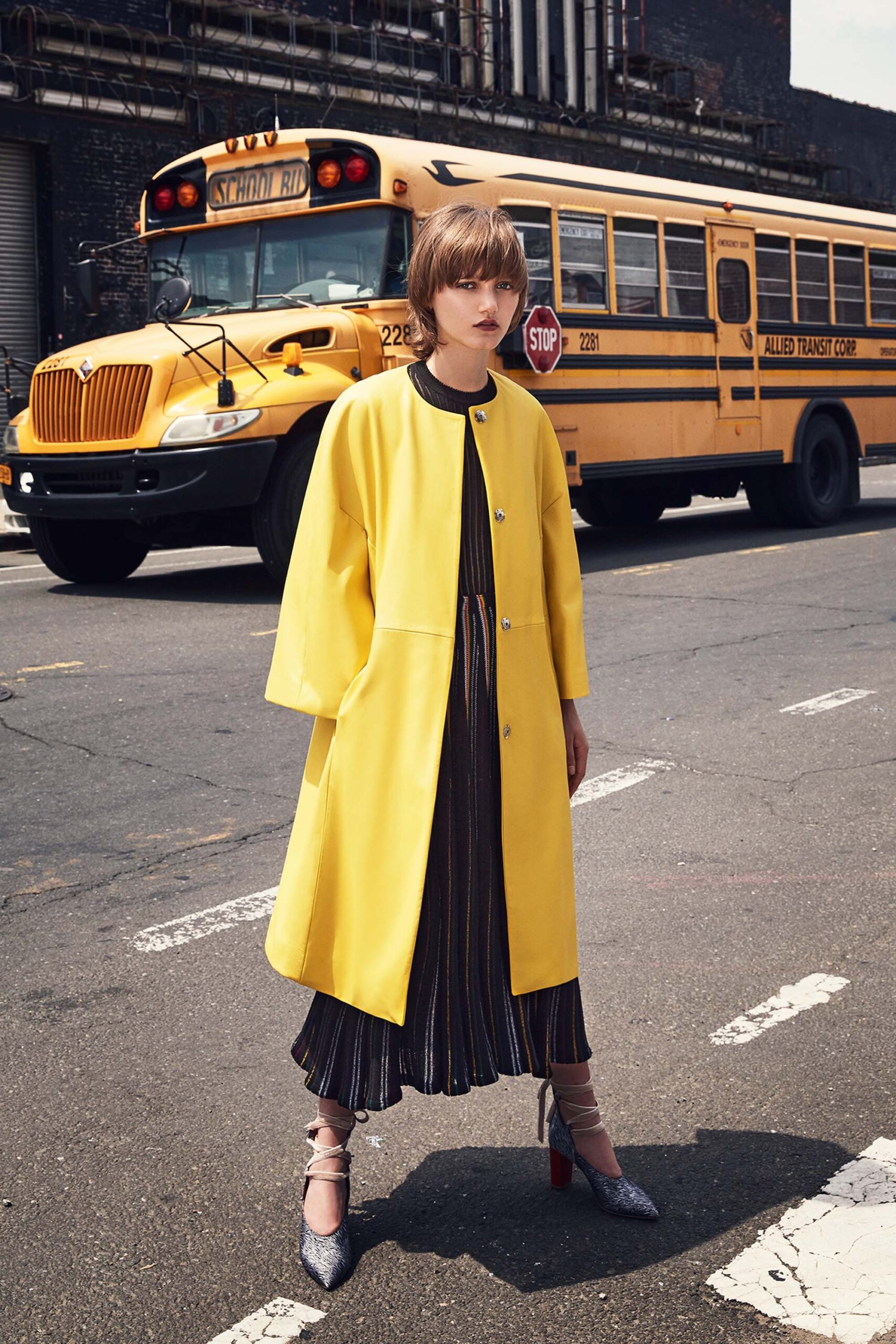yellow cotton long-sleeve collared relaxed buttoned coat