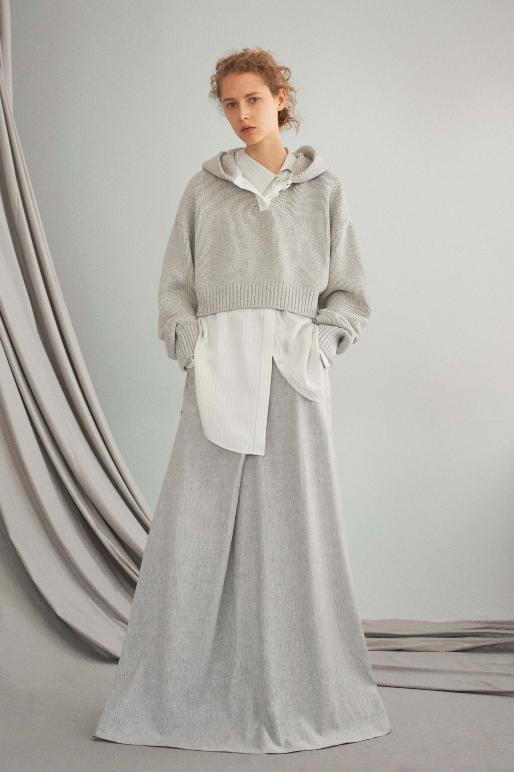 gray hoodie white shirt maxi skirt