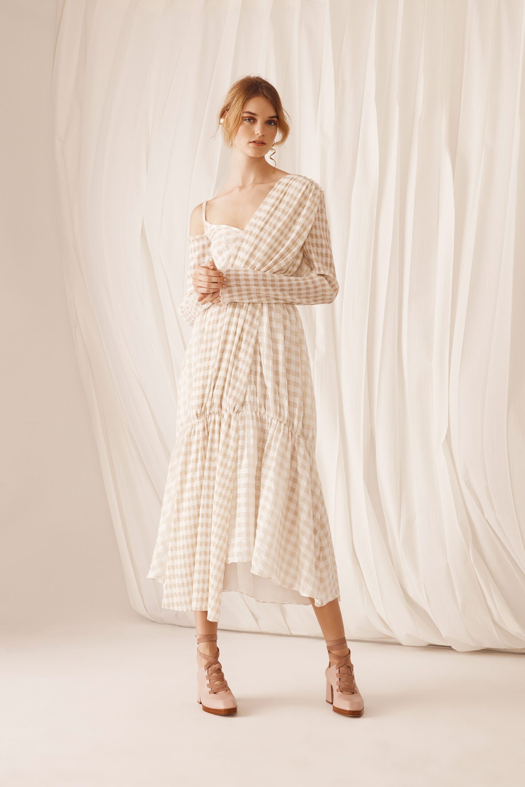 beige and white checked midi dress