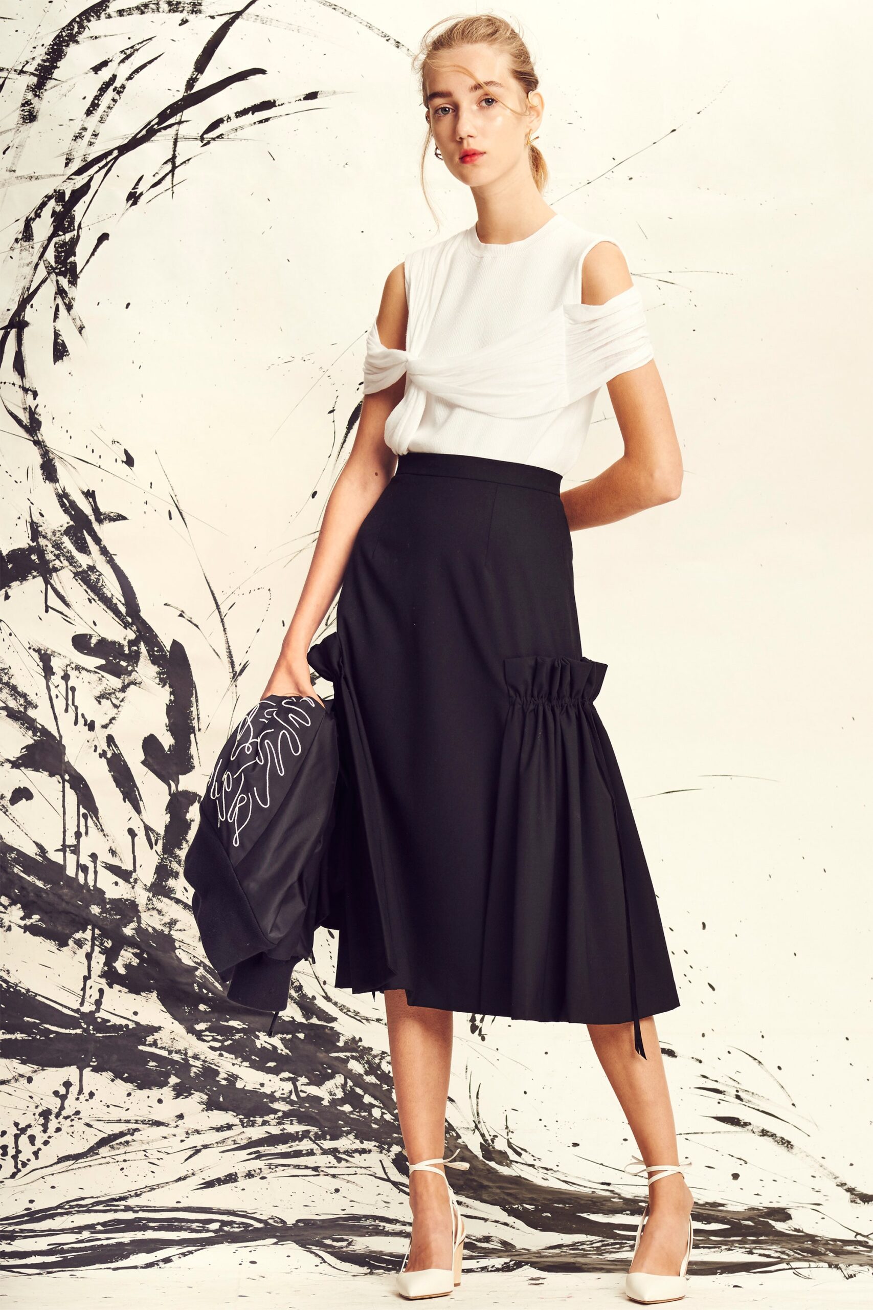 black fitted pleated midi skirt