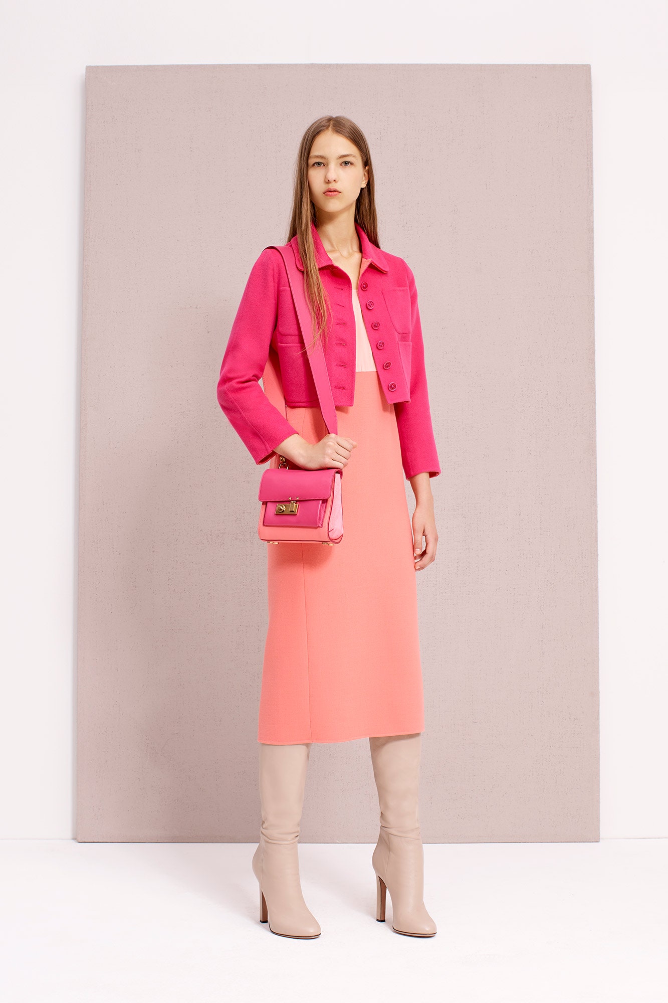 pink long-sleeve collared fitted buttoned jacket
