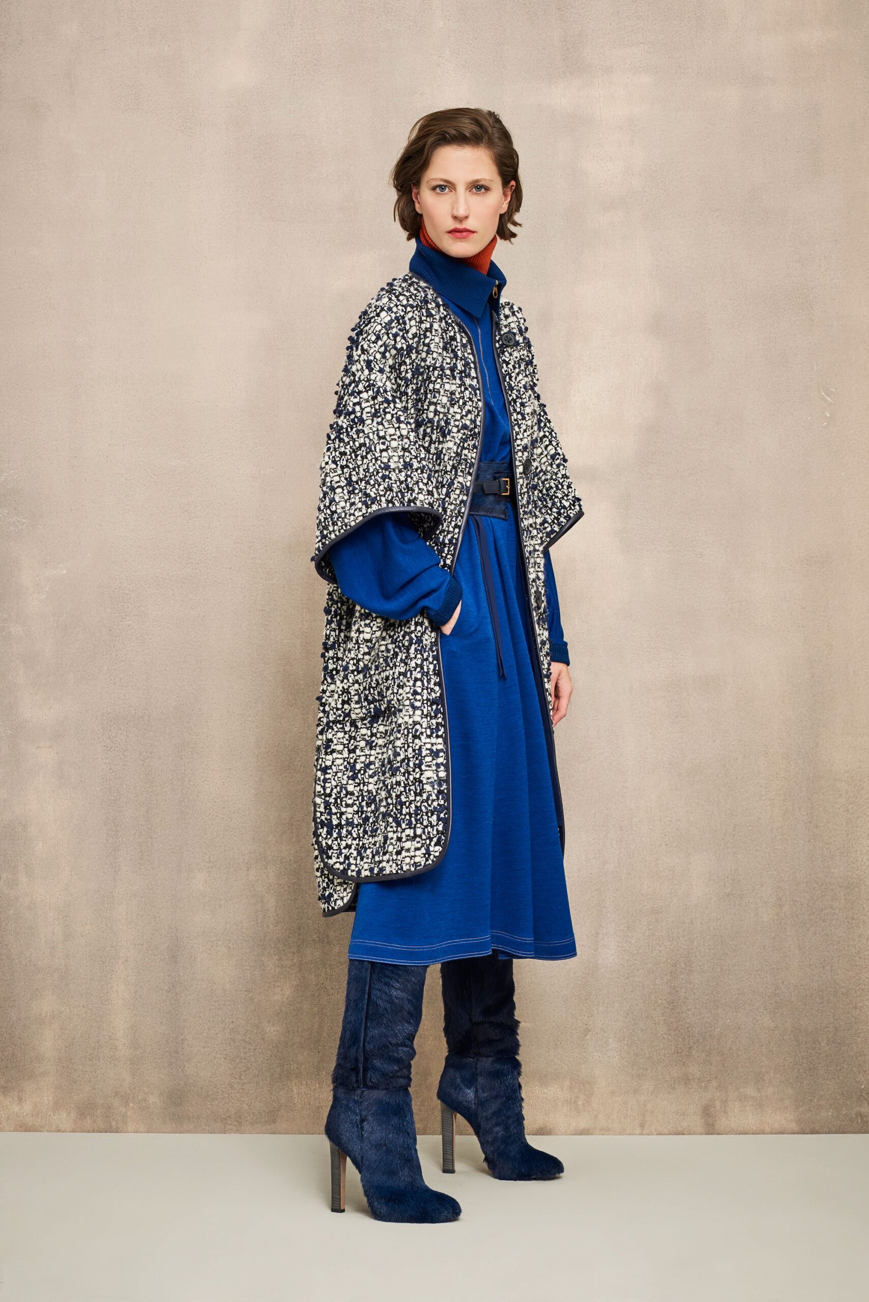 blue relaxed midi dress with cape