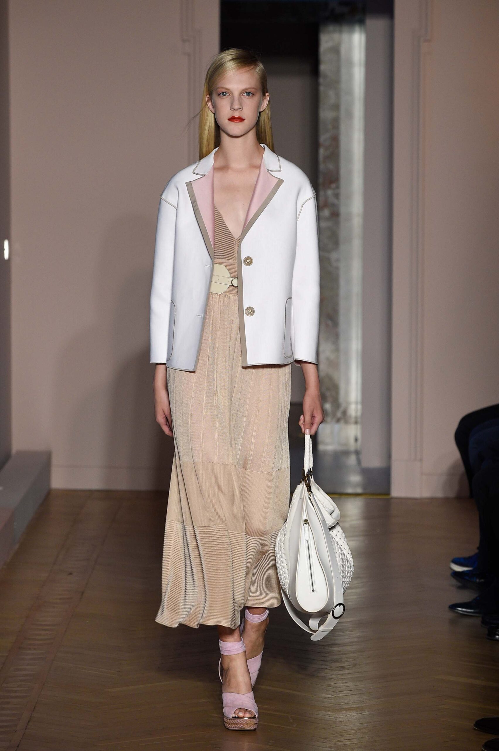 beige silk pleated midi dress