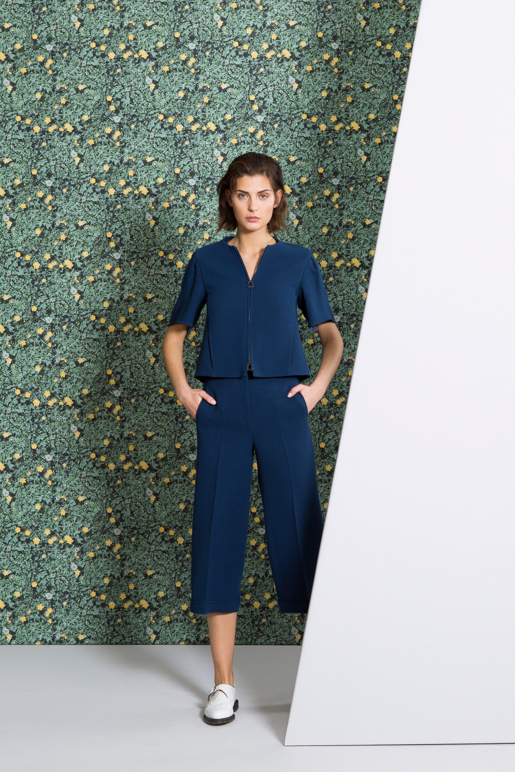 blue fitted jumpsuit with pockets