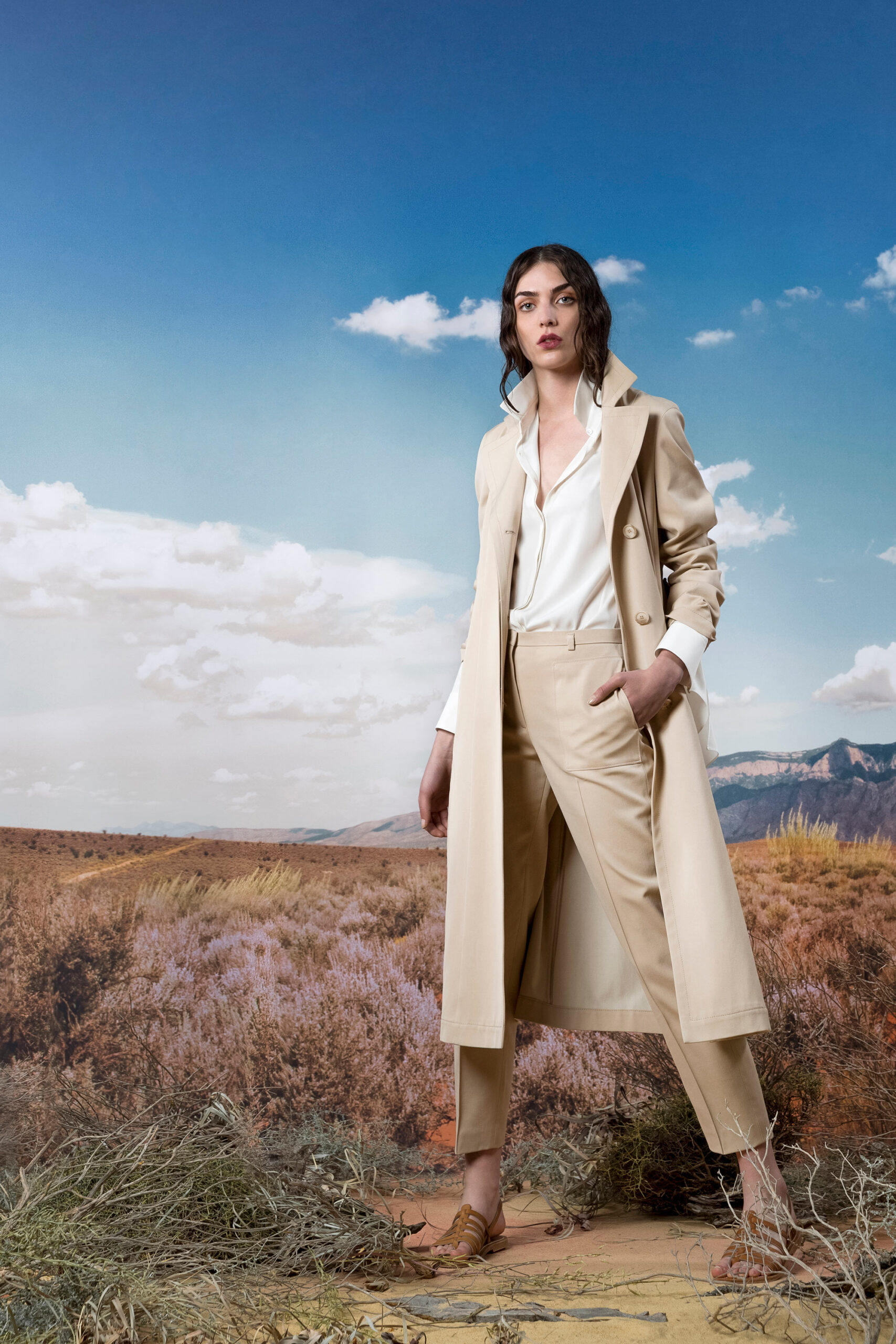 beige trench coat with white shirt