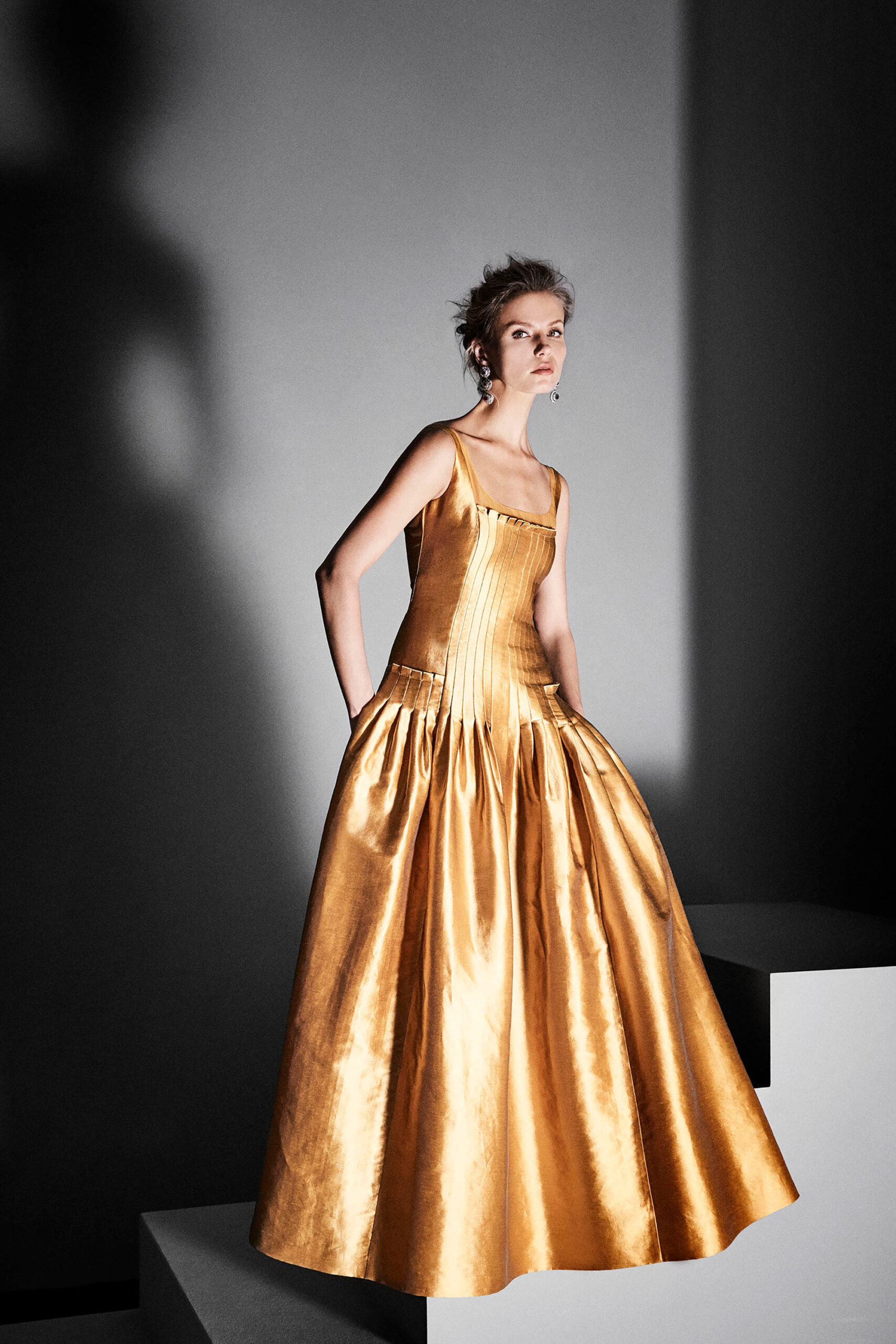 gold silk sleeveless gown
