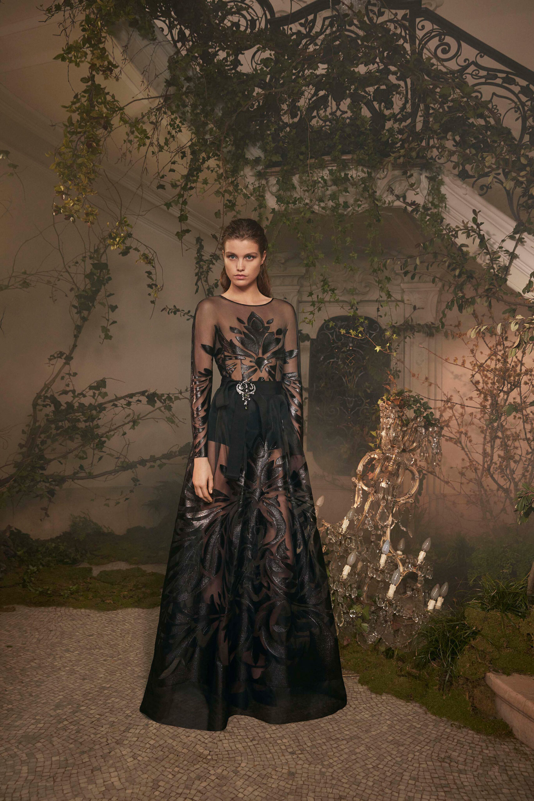 black silk long-sleeve gown