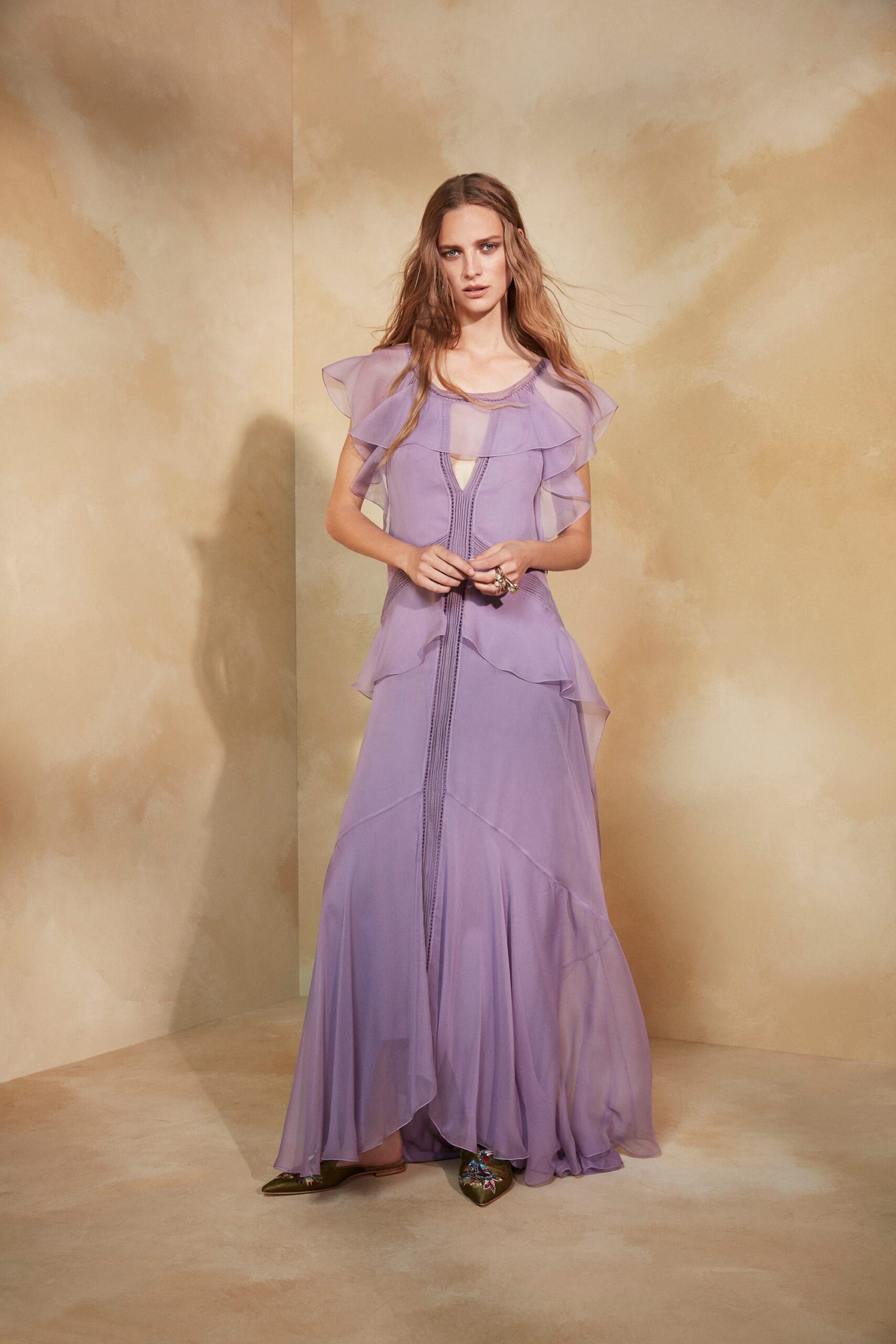 purple chiffon ruffled gown