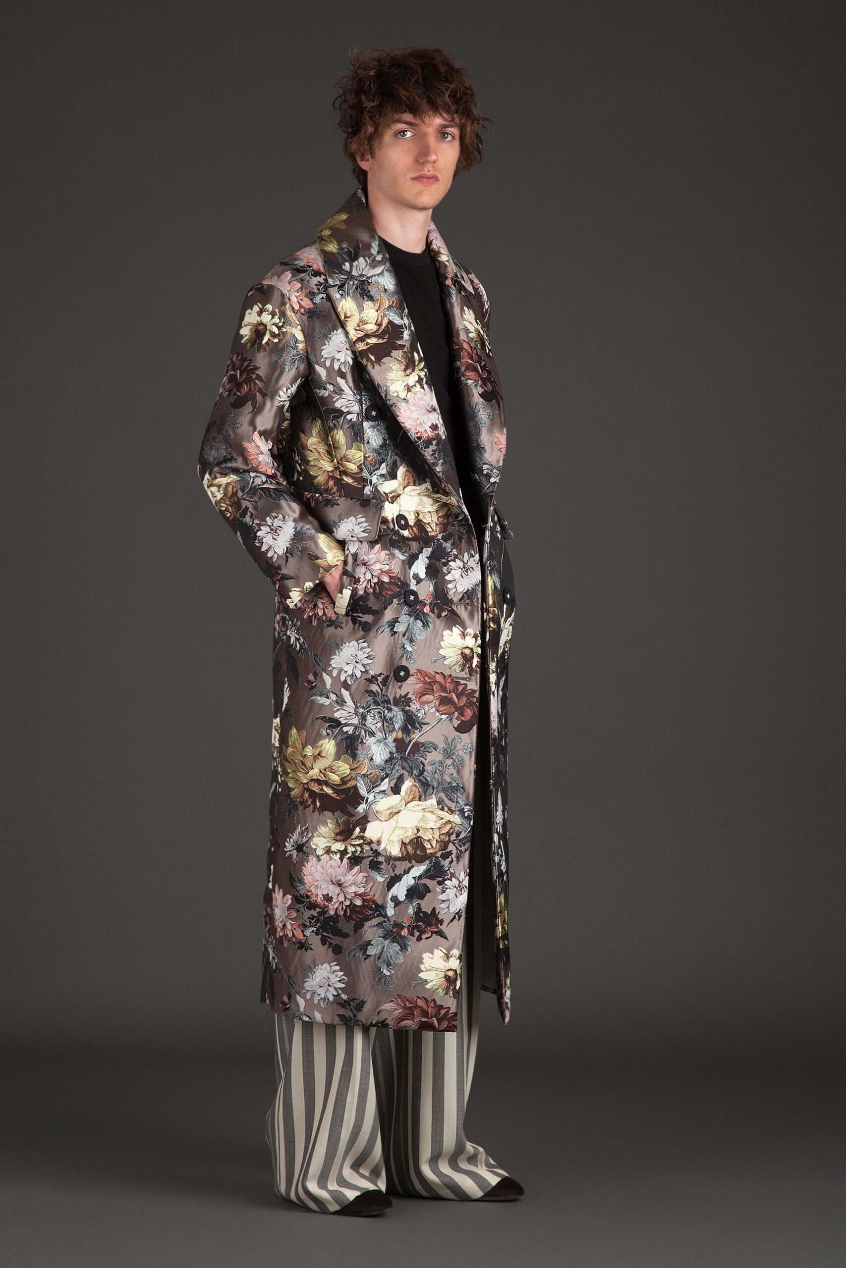 multi silk long-sleeve collared relaxed floral draped coat