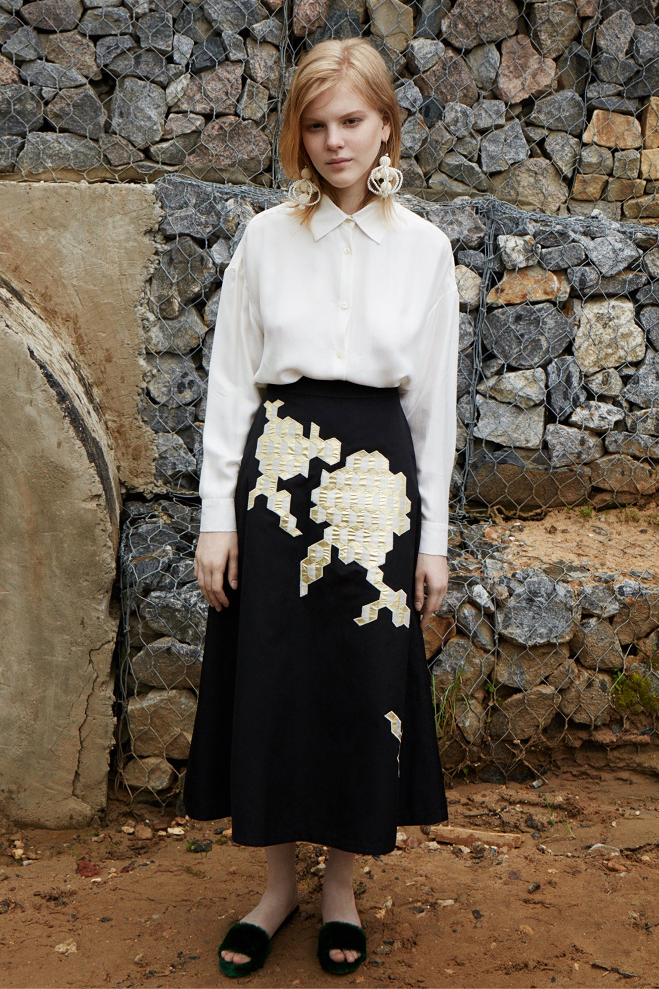 black cotton fitted a-line midi skirt